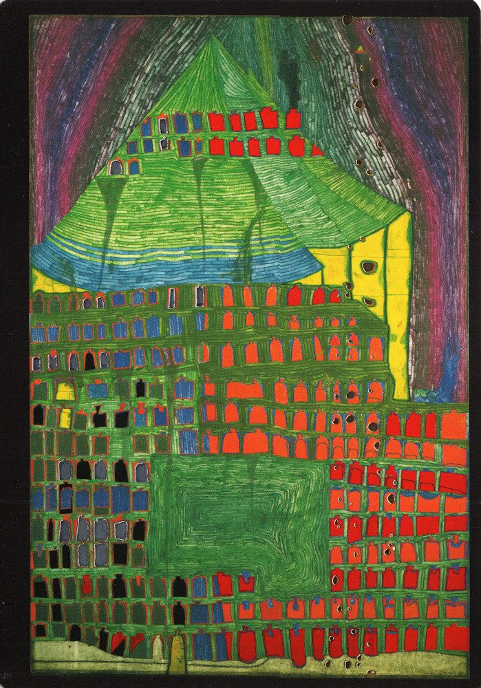 Postkarte Kunstkarte Hundertwasser "Die tausend Fenster"