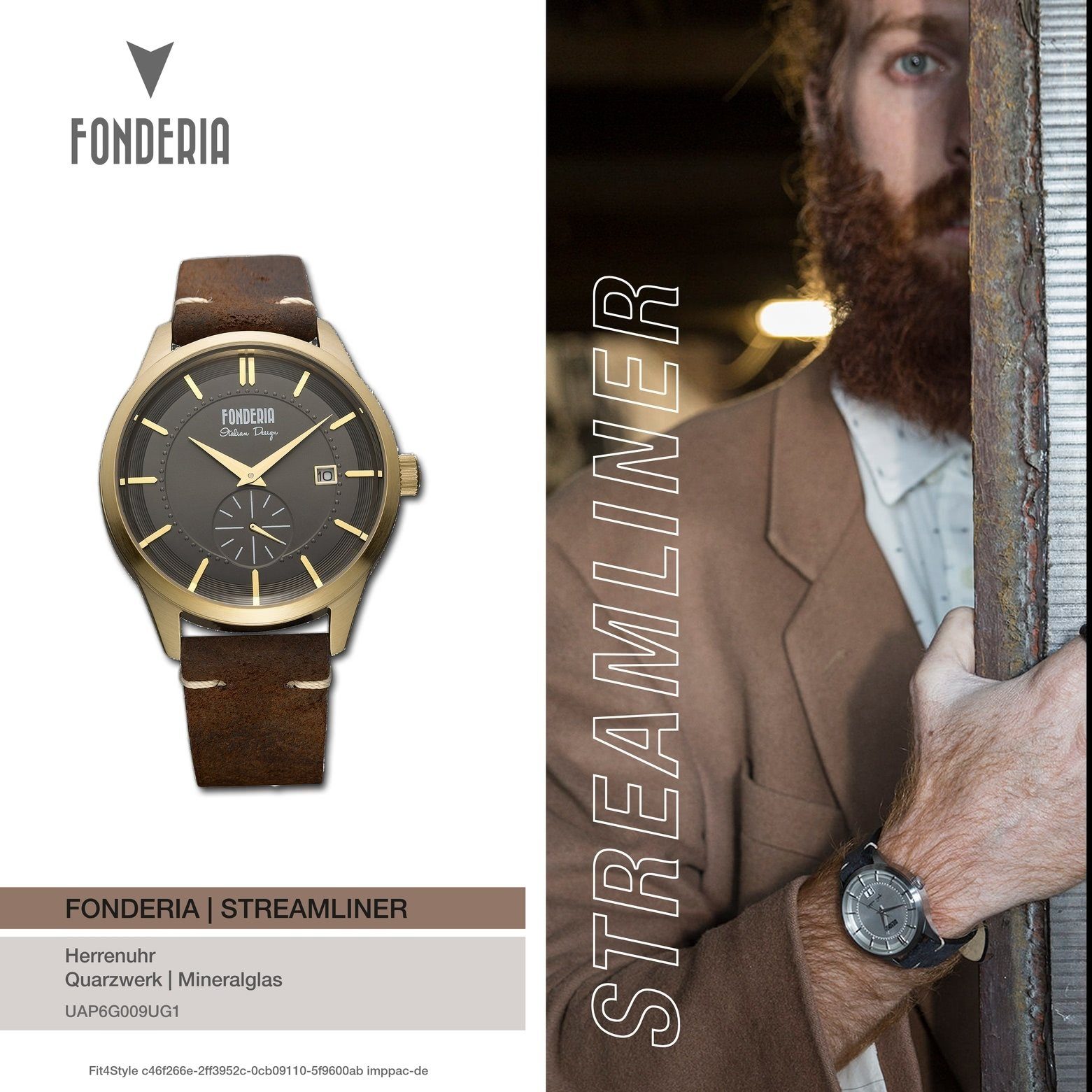 Fonderia Quarzuhr Herren Fonderia Leder, P-6G009UG1 Uhr Armbanduhr Herren Lederarmband groß (ca. rund, braun 41mm)
