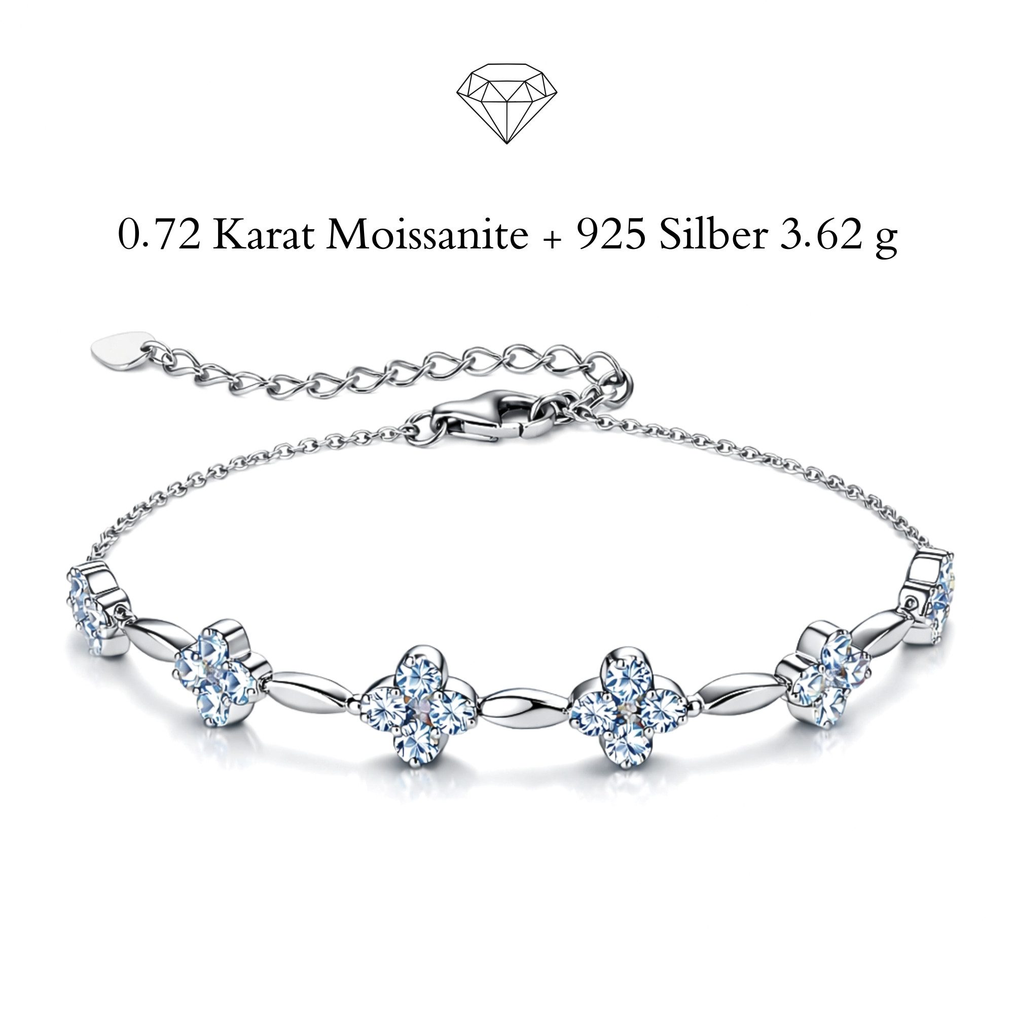 UNIQAL.de Silberarmband Damen 925 Sterling Silber mit Diamant Moissanit 0,72 Karat - KLEEBLATT (Silberarmband mit 24 Diamant-Moissanit Steinen in floraler Blütenform, 925 Sterling Silber Weißgold plattiert, inkl. Luxuriöse Schmuck Geschenkbox), Moissanit VVS1 Reinheit, GRA-Zertifikat, Armkette Geschenk für Damen