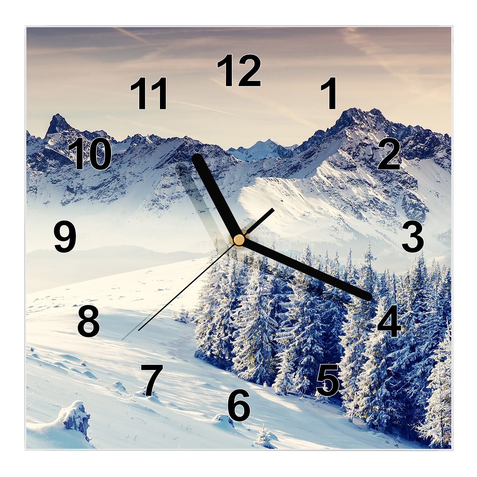 Primedeco Größe 30 x Wanduhr Motiv Wanduhr Wandkunst 30 Bewölkte Glasuhr cm mit Winterlandschaft