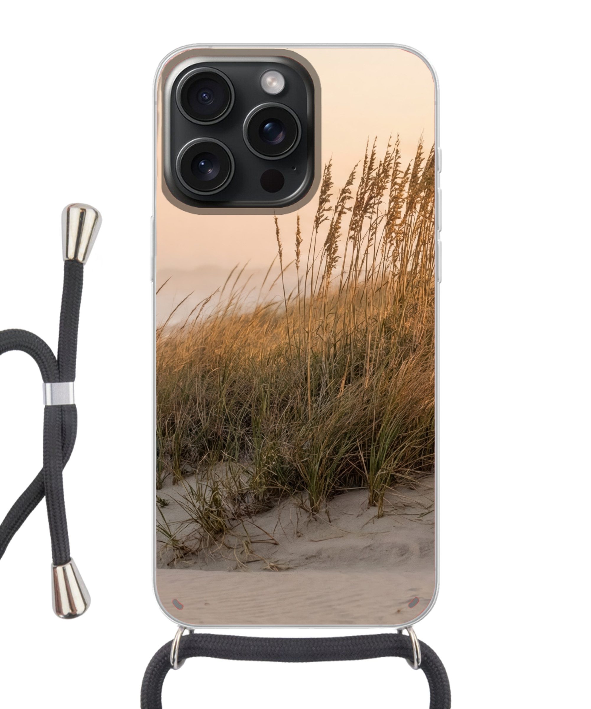 MuchoWow Handyhülle für Apple iPhone 15 Pro Max Dünenlandschaft - Sonnenuntergang - Strand, Tragbare Handyhüllen mit Kette zum umhängen, Handykette Handyband