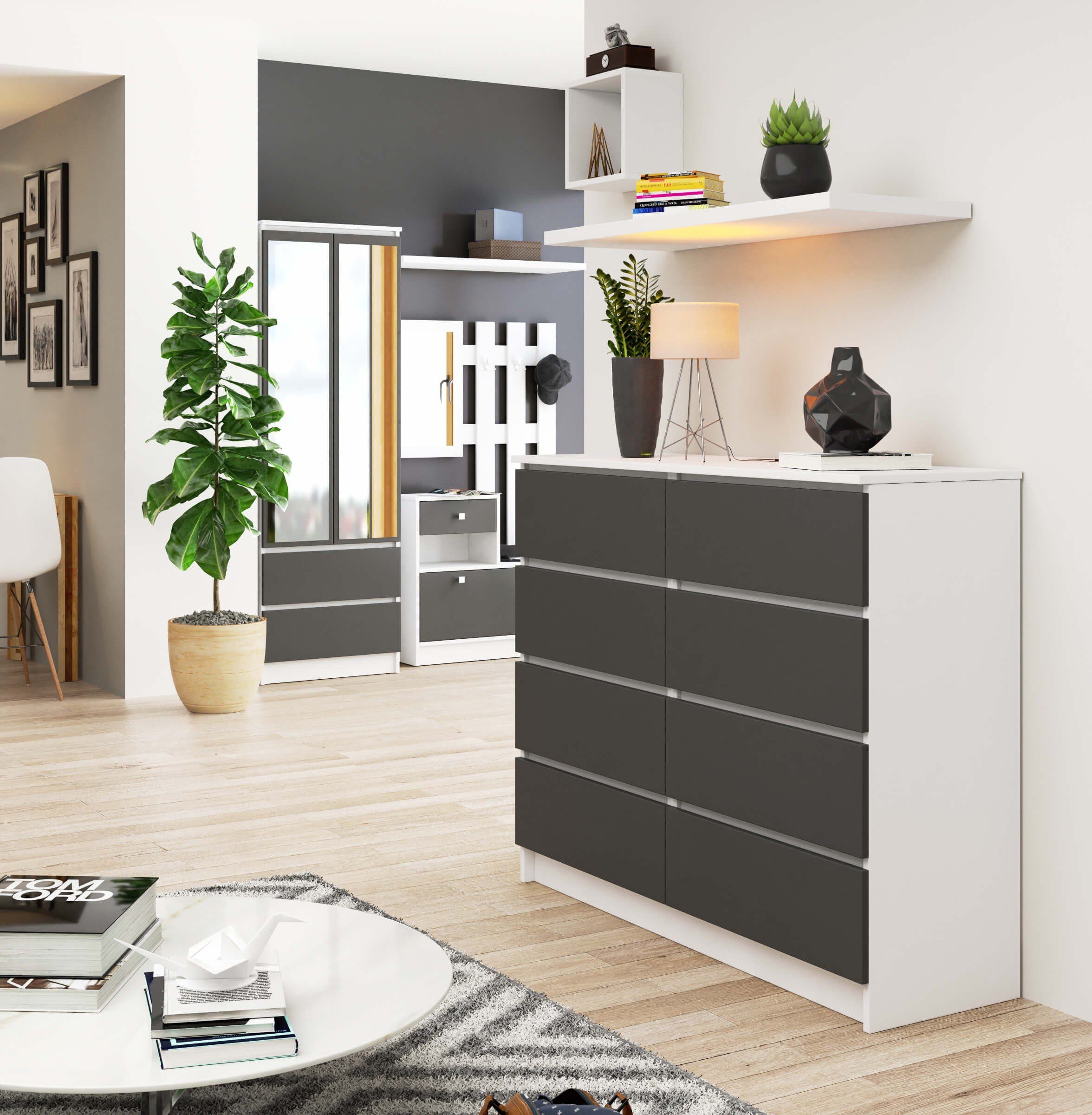 Raumhirsch Furniture Kommode mit 8 Schubladen 120 cm breit Holz Schrank, (viele Farbvarianten - Maße: 120 x 99 x 40 cm) - Hochwertig & stabil