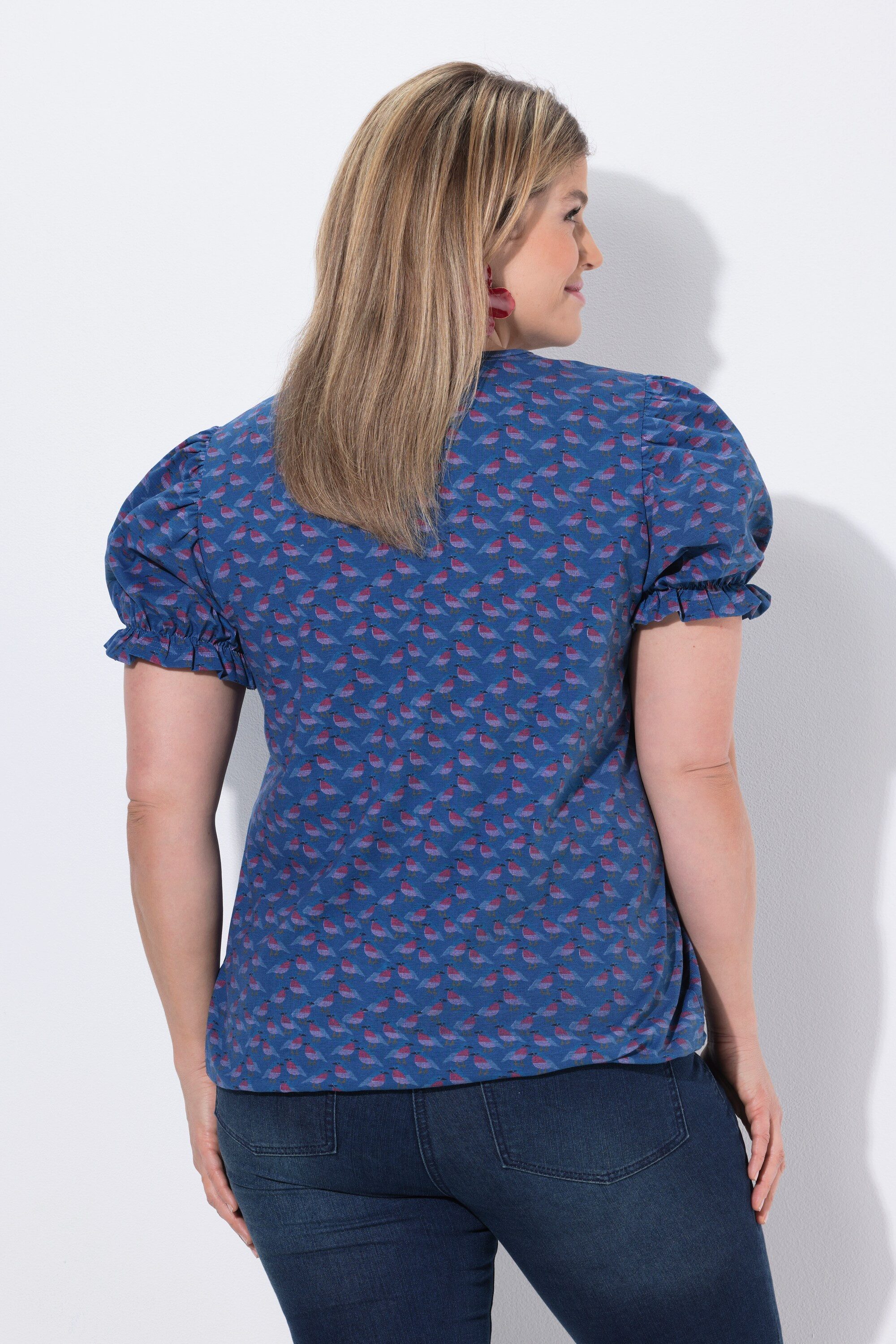 Ulla Popken T-Shirt T-Shirt Blüten Rüschen Carré-Ausschnitt Halbarm