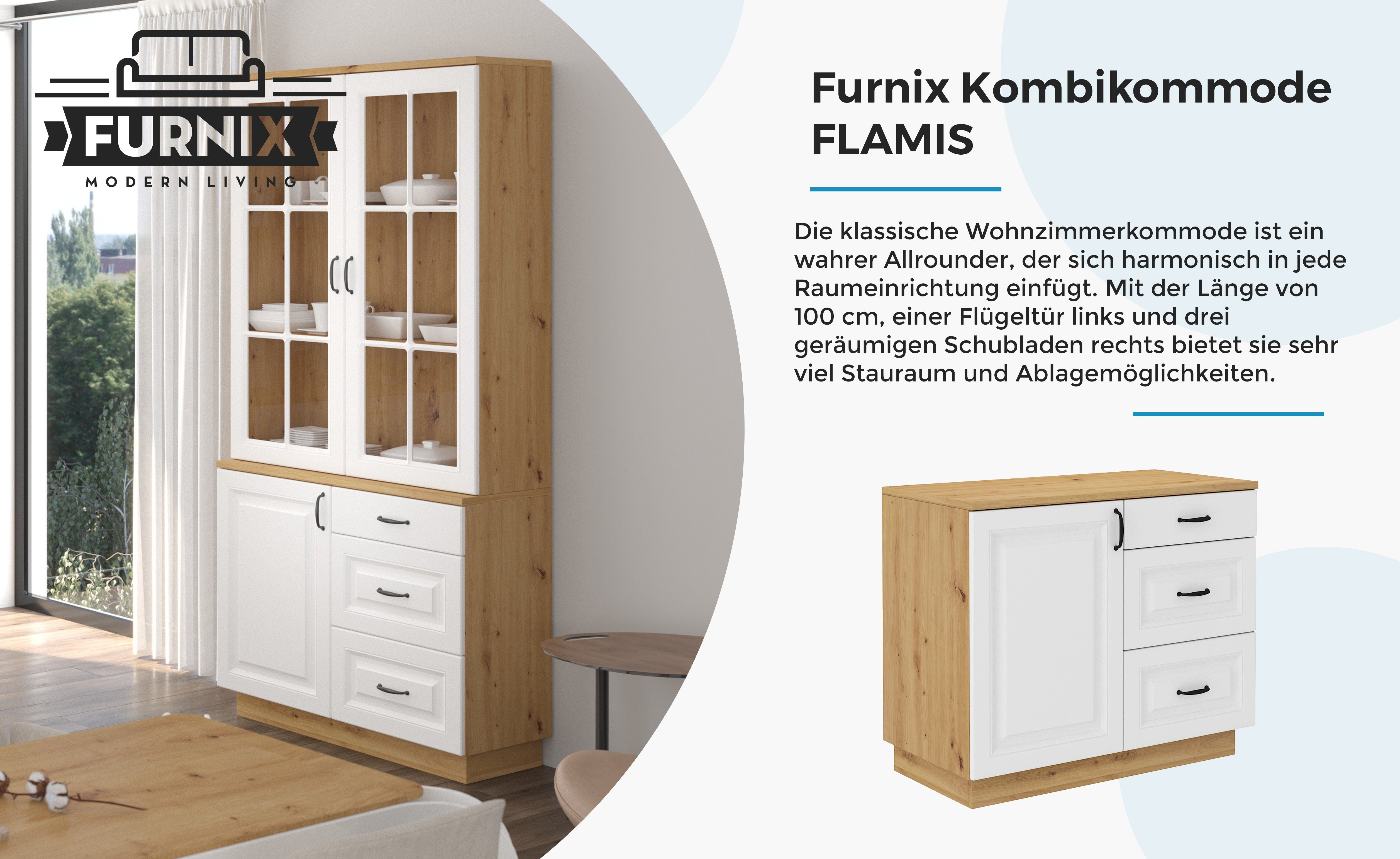 Schubladen x Furnix H84 mit Tür, T50 Weiß/Artisan und Sideboard, FLAMIS cm B100 Wohnzimmer-Kommode 3 Kombikommode x
