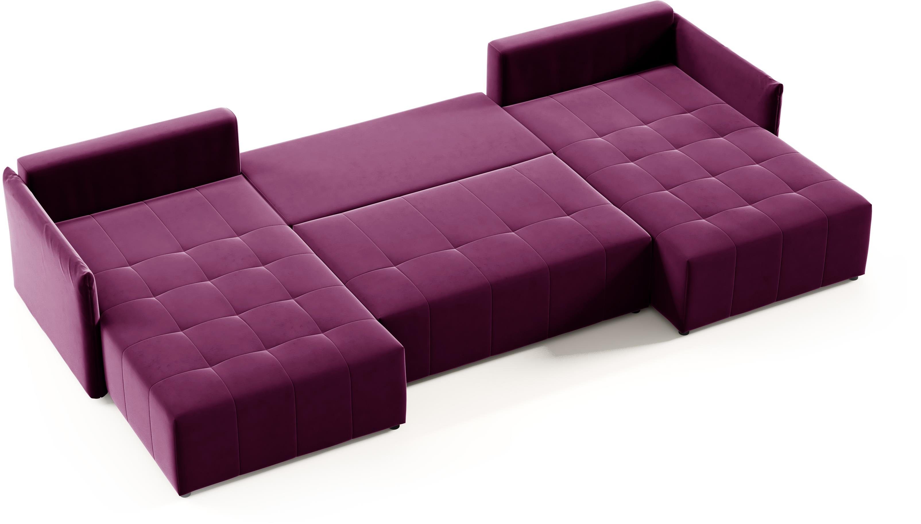 aus Velourstoff U-Form, mit violett Sofa Compleo NAPOLI Schlaffunktion Ecksofa Ecksofa