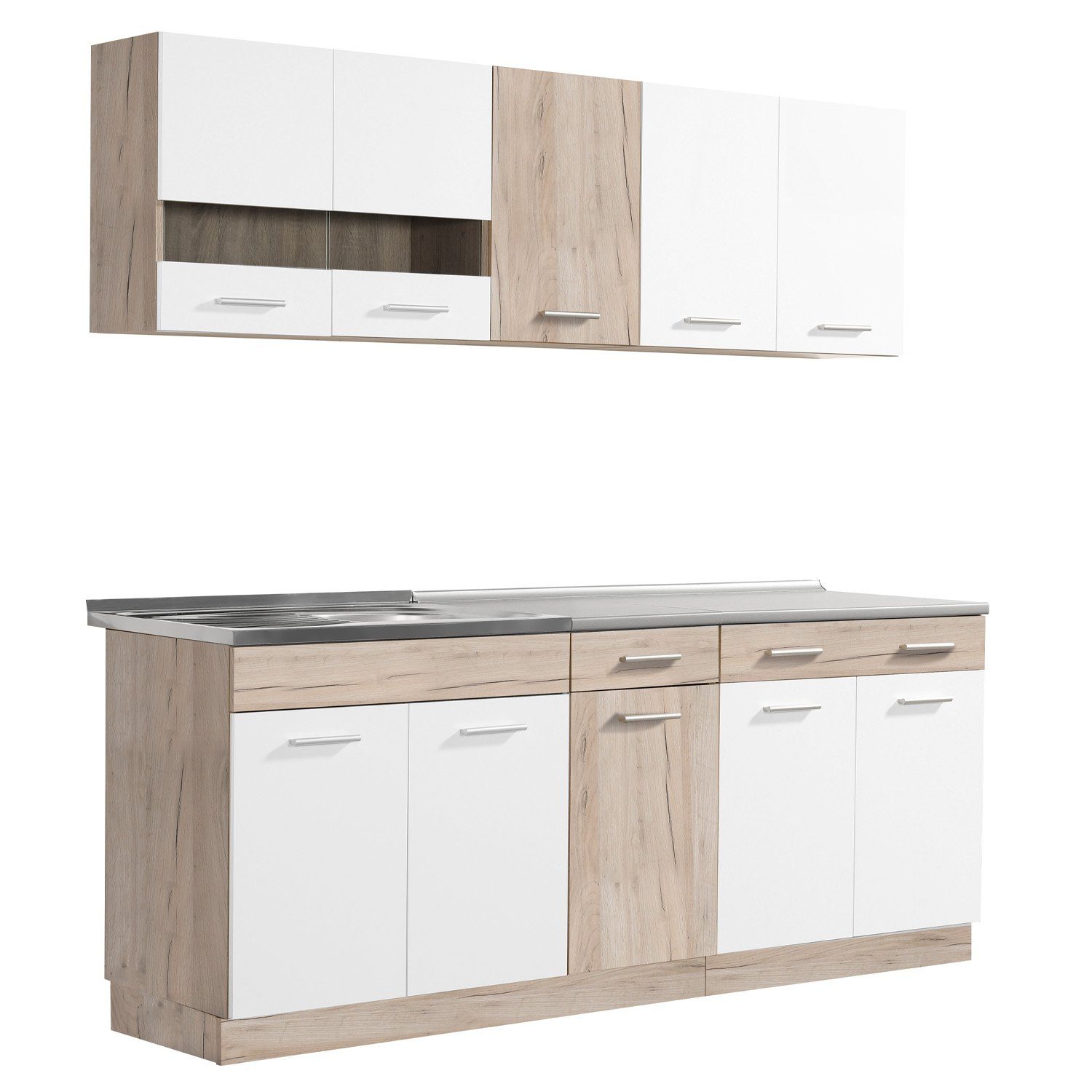 Homestyle4u Küchenzeile 200 cm ohne Geräte Singleküche Küchenschränke Weiß matt Eiche
