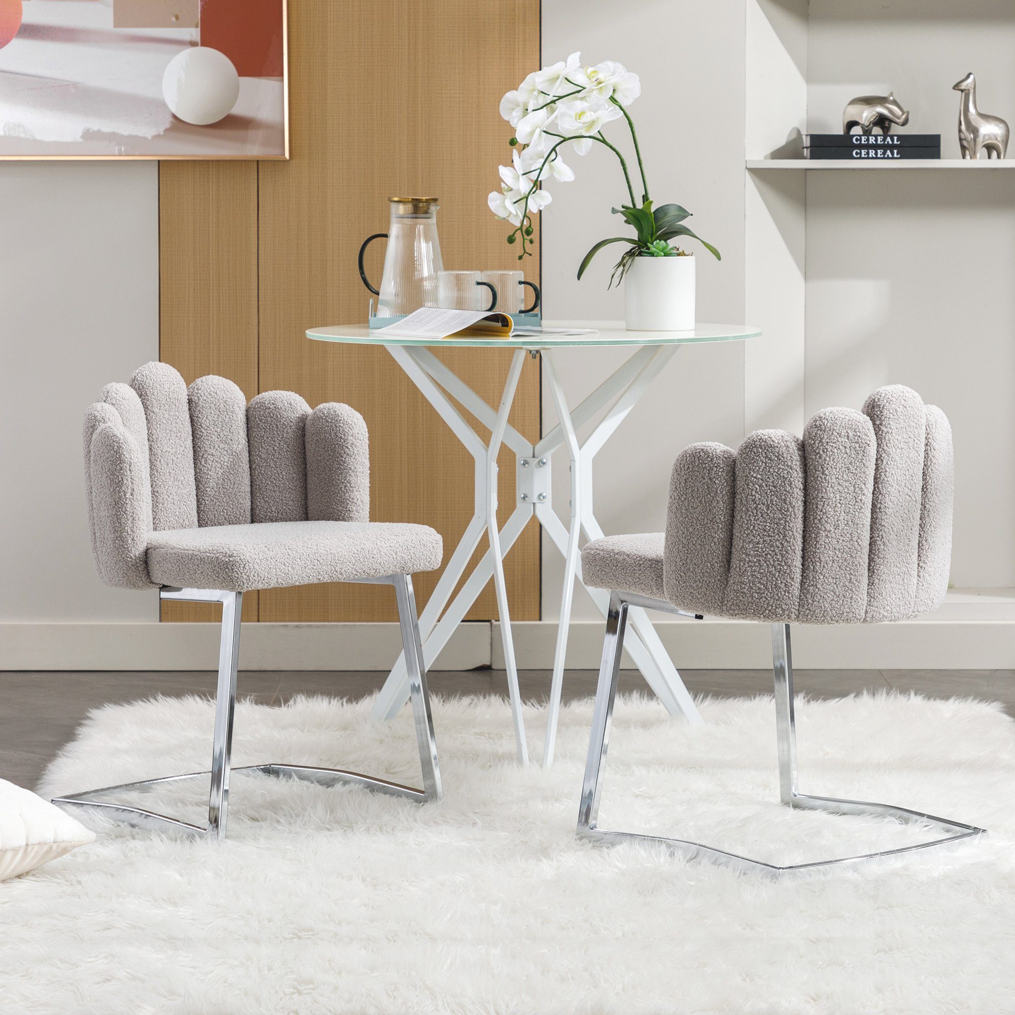 Ulife Esszimmerstuhl Polsterstuhl, Lammsamt, Blütenblattstuhl (Set, 2 St), mit silbrigen Metallbeinen grau | Stühle
