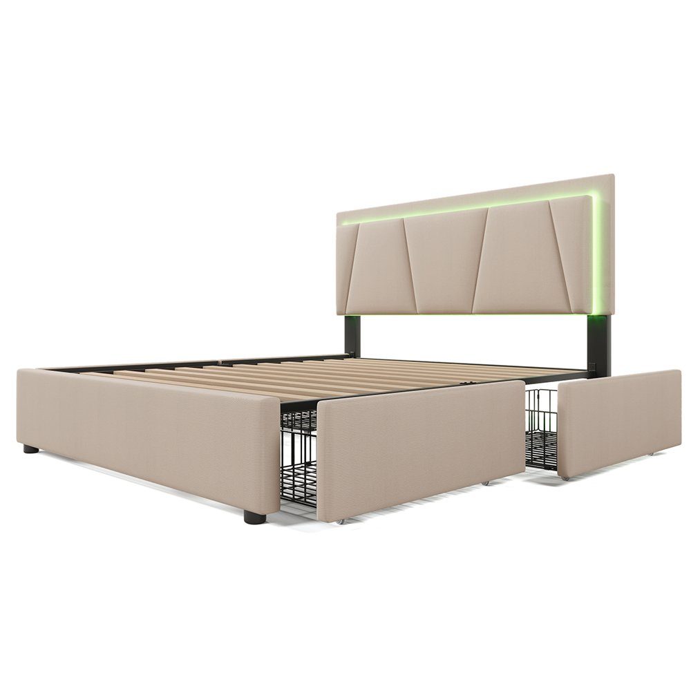 Polsterbett (Stauraumbett, Höhenverstellbares Kopfteil), Doppelbett 160x200cm mit LED-Beleuchtung und 4 Schubladen