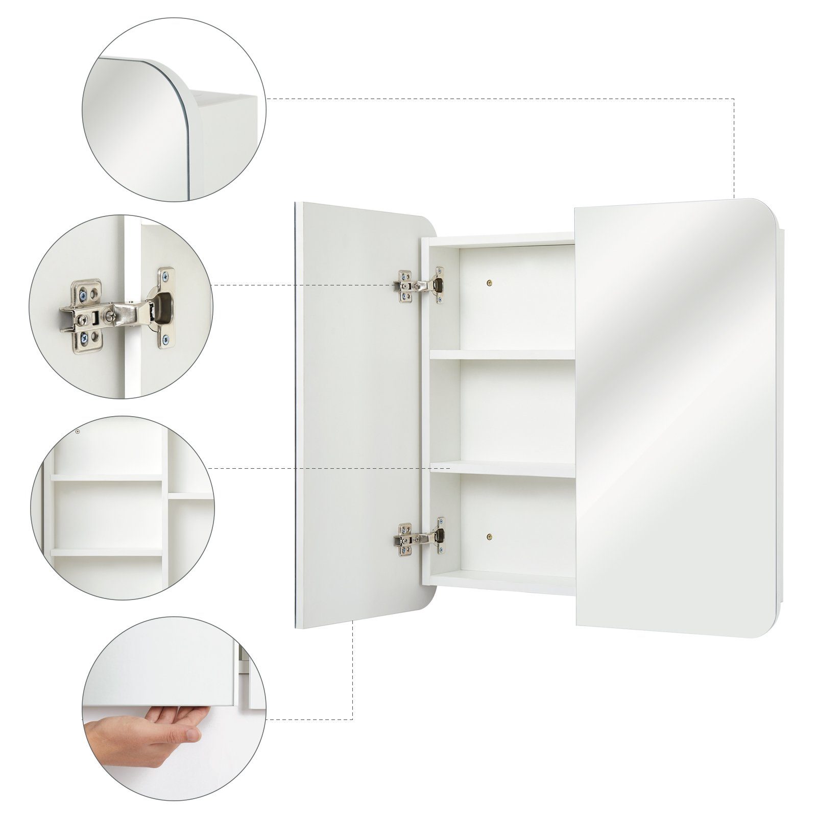 Mondeer Badezimmerspiegelschrank Badezimmerspiegel Hängeschrank, Wandschrank, mit 2 Türen 68 x 12.9 x 66 cm, Weiß – Bild 5 von 5