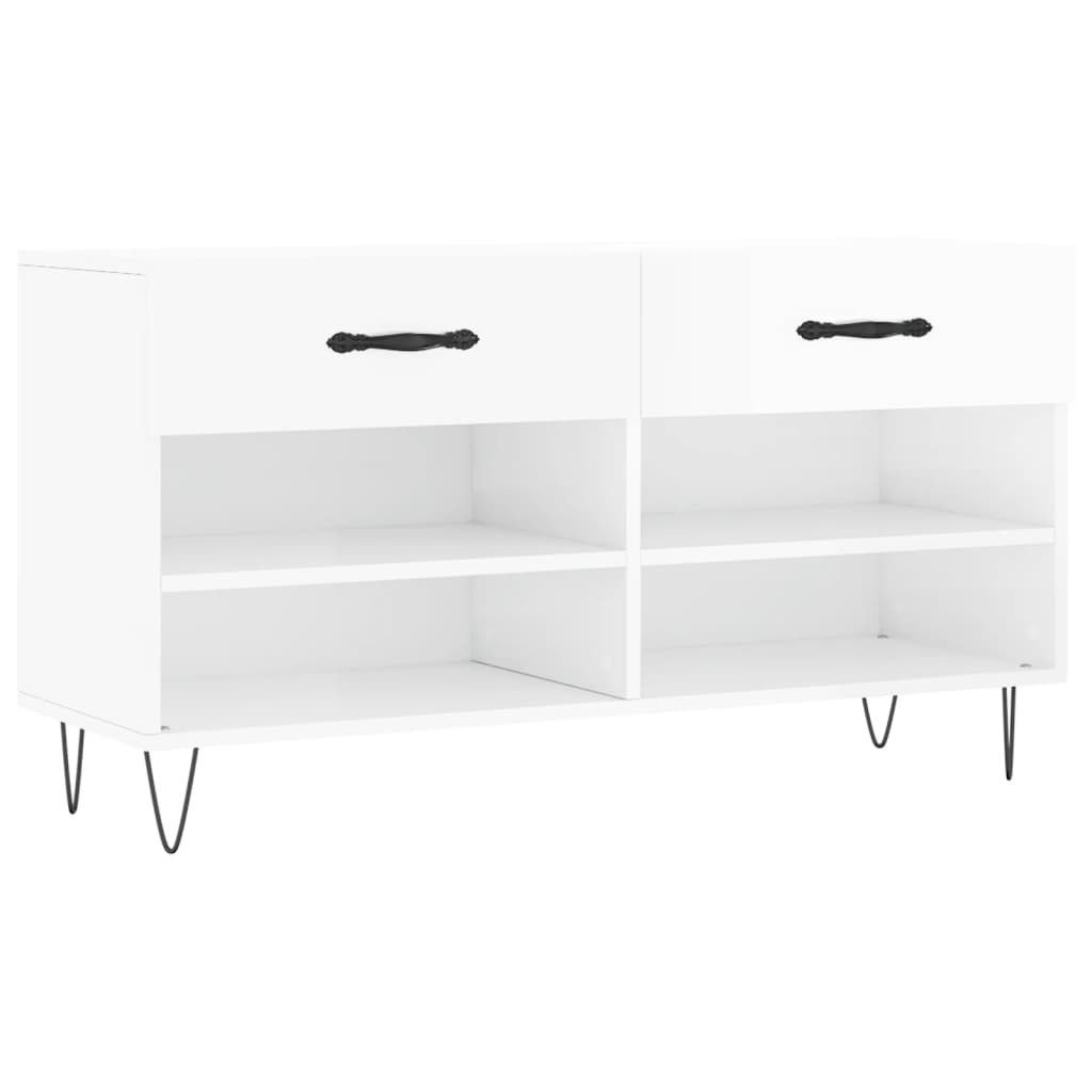 furnicato Schuhbank Hochglanz-Weiß 102 x 35 x 55 cm mit Eisenbeinen (1-St), Sitzbank mit 2 Schubladen, 4 Fächern und stabiler Oberplatte