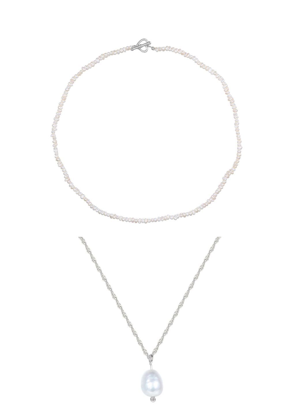 Hey Happiness Perlenketten-Set 2er Layer 925 Silber Damen Perle weiß, 18K vergoldet, Silber Kordelkette Perle hängend, Choker Perle kurz, Brautschmuck