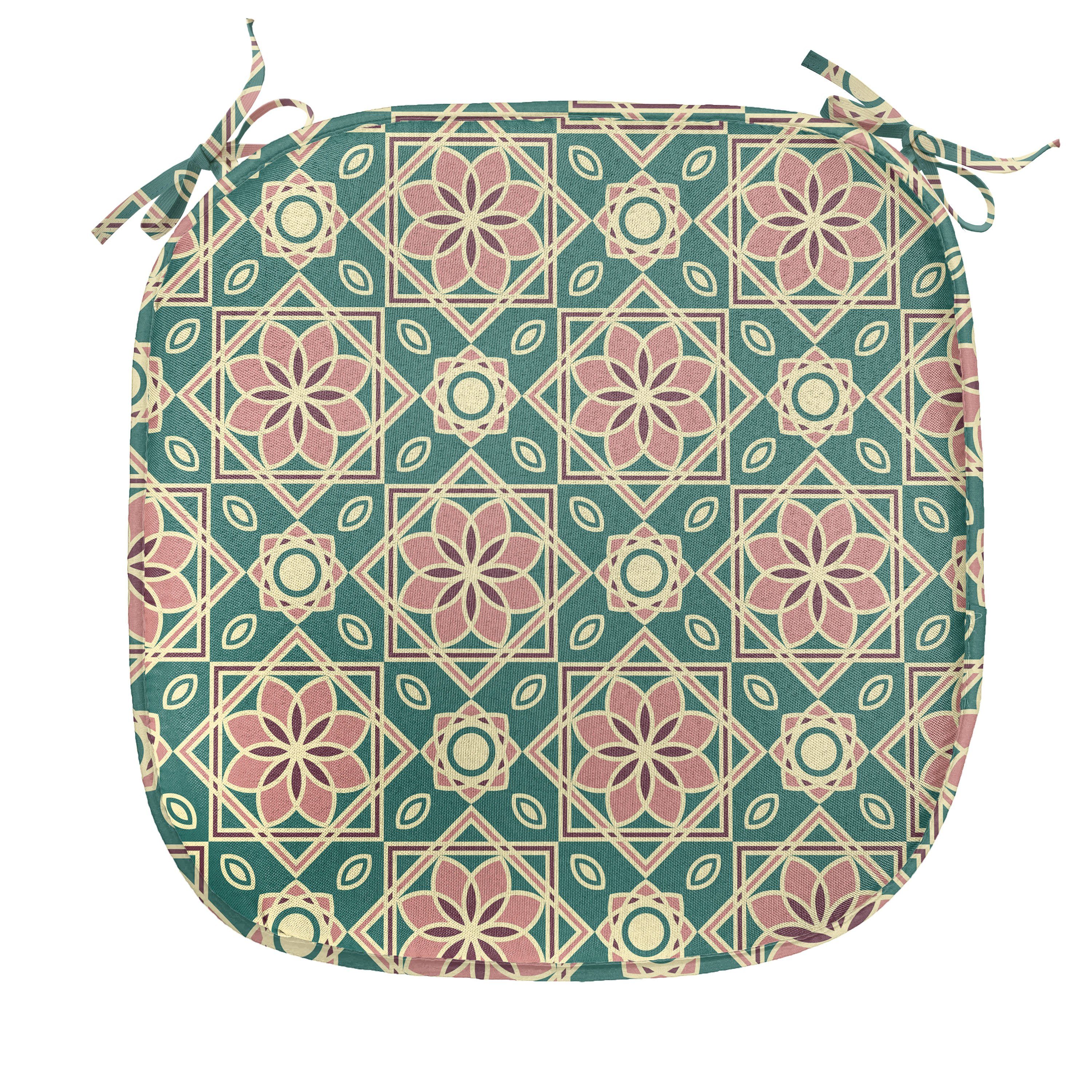 Abakuhaus Stuhlkissen Dekoratives wasserfestes Kissen mit Riemen für Küchensitze, orientalisch Mosaik Röschen Chevron