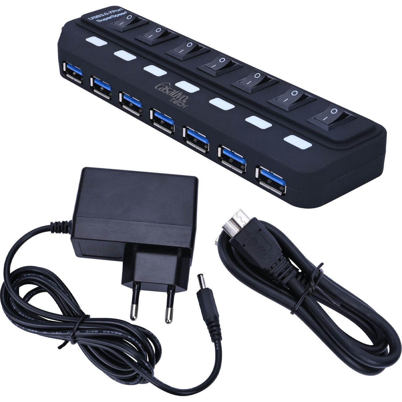 Casativo USB-Verteiler USB 3.0 Hub aktiv 7-fach USB Verteiler mit Netzteil bis 900 mA/Port, 7 Ports einzeln schaltbar/Aktiver Betrieb-Netzteil/ 5 GBit/s USB 3.0