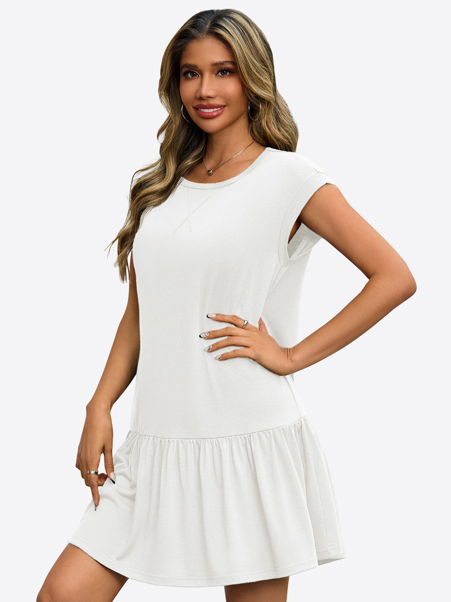 Imily Bela Minikleid Damen Sommer T-Shirt Casual Kurzarm Rüschen Loose (Packung, 1-tlg., 1per-Pack) Rundhals in Unifarbe