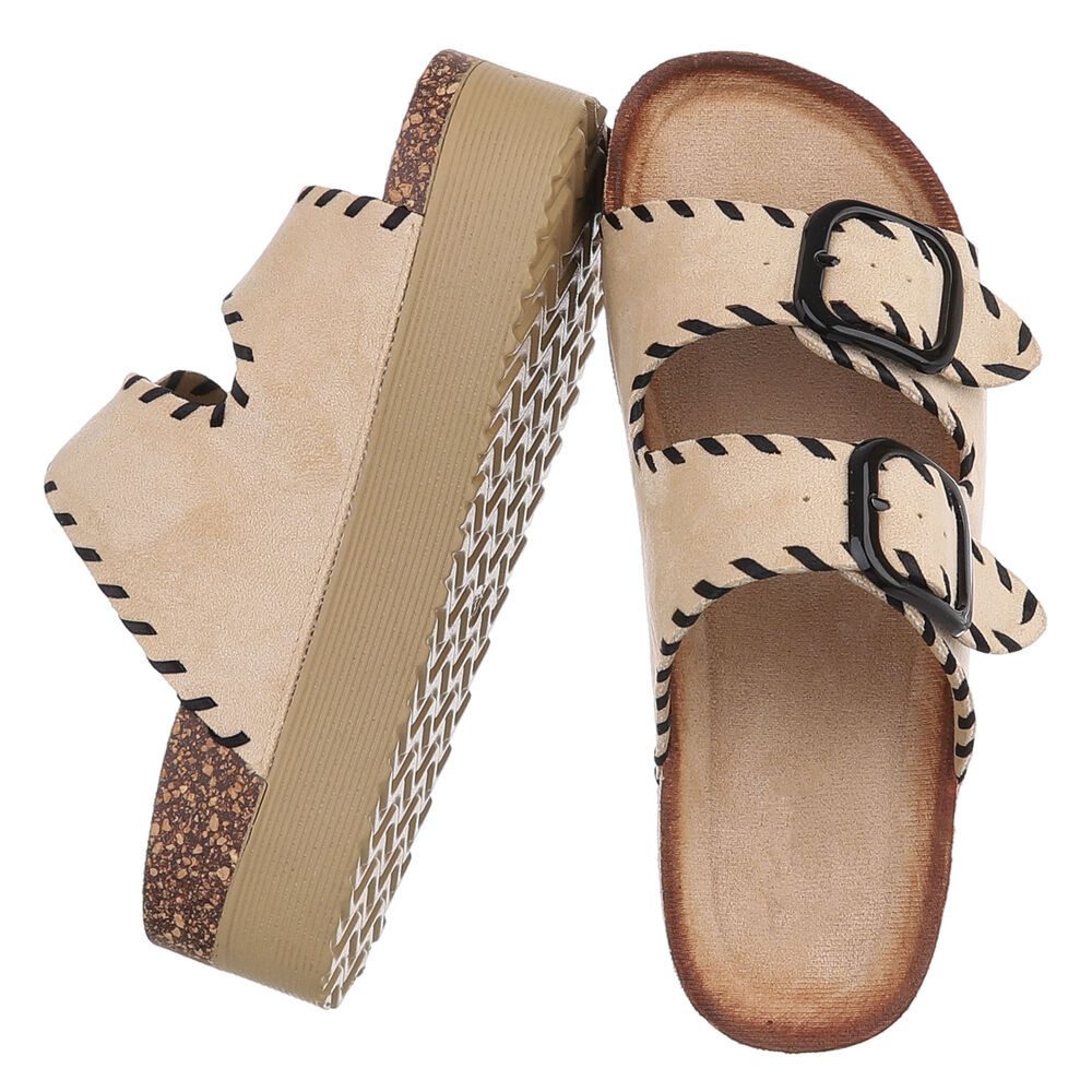 Ital-Design Damen Plateau-Pantolette mit Schnallen und Zierprägung Plateausandaletten (91895618) Flach Pantoletten in Beige