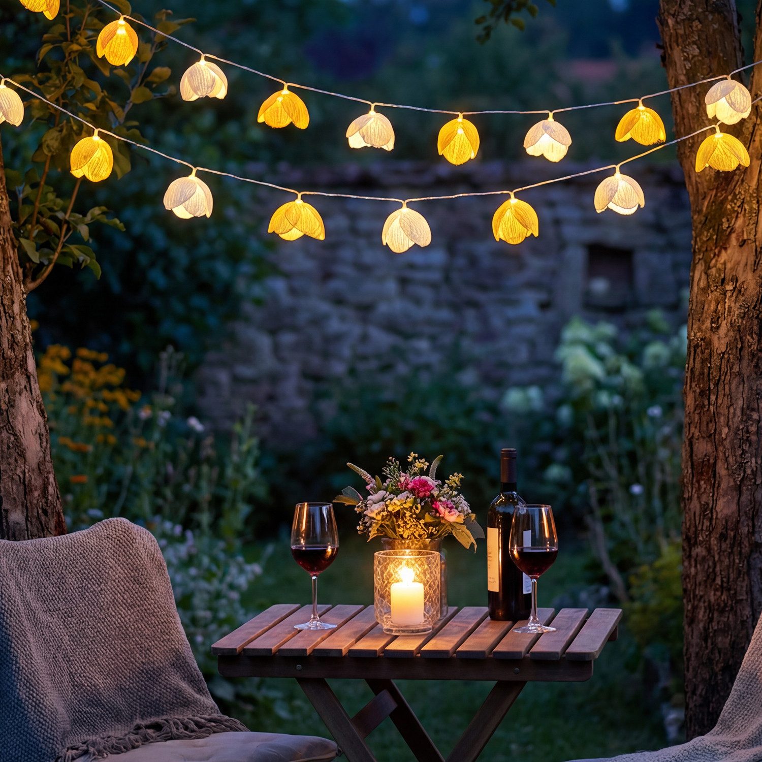 MARELIDA LED-Lichterkette Blumen Blumengirlande 15 weiße u. gelbe Blüten Timer L: 1,4m Außen, 15-flammig
