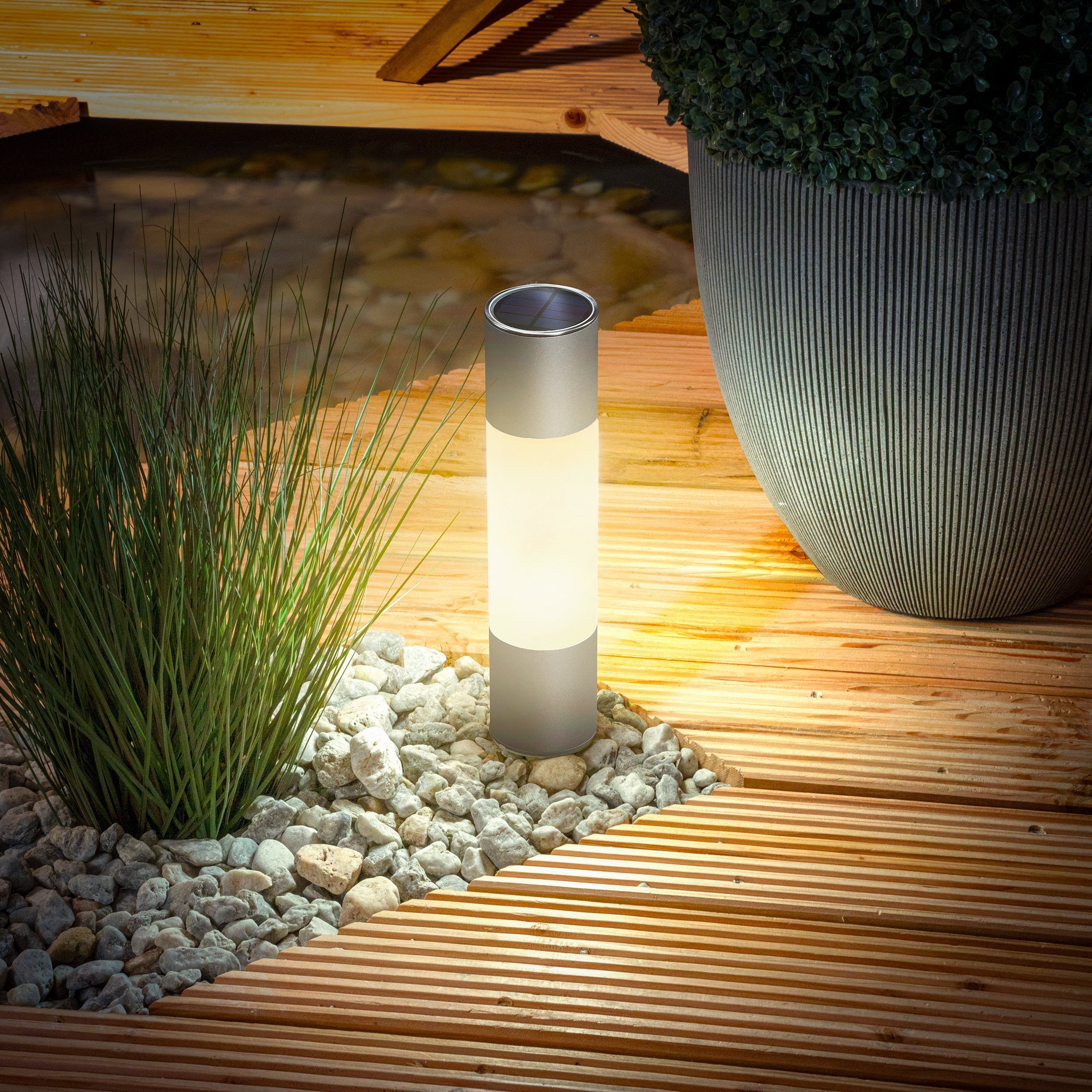 esotec LED Gartenleuchte Solar Standleuchte POLE LIGHT H30cm, DUO COLOR 2800K 6500K, ALU 102616, 2 Lichtfarben wählbar kaltweiß + warmweiß, automatisches Einschalten bei Dämmerung, LED fest integriert, warmweiß, kaltweiß, bernstein LED, winterfest, Aluminium-Gehäuse