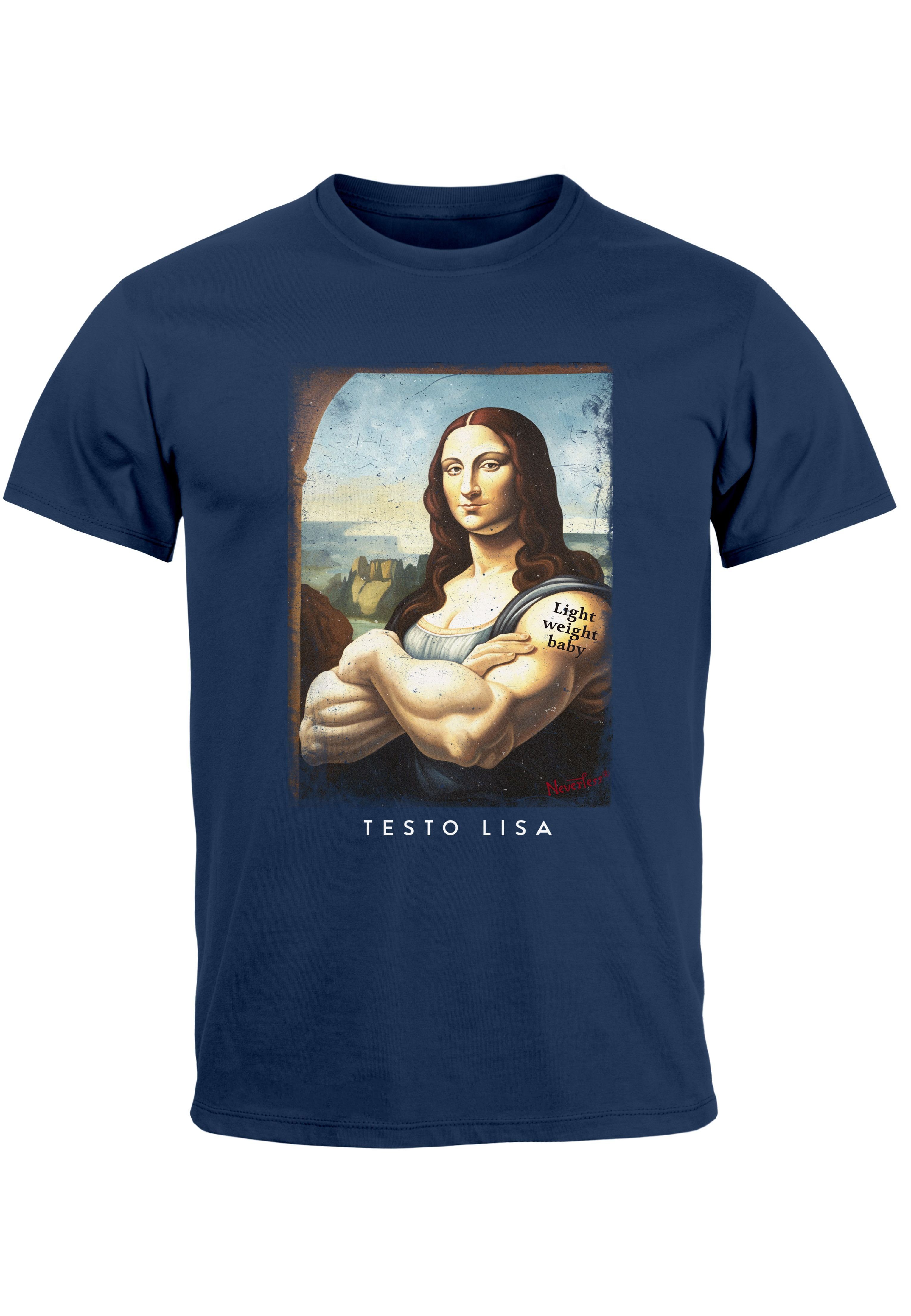 MoonWorks Print-Shirt Herren T-Shirt Print mit Kapuzen-Pullover navy Aufdruck Parodie Testo Print Lisa Lisa Mona Meme
