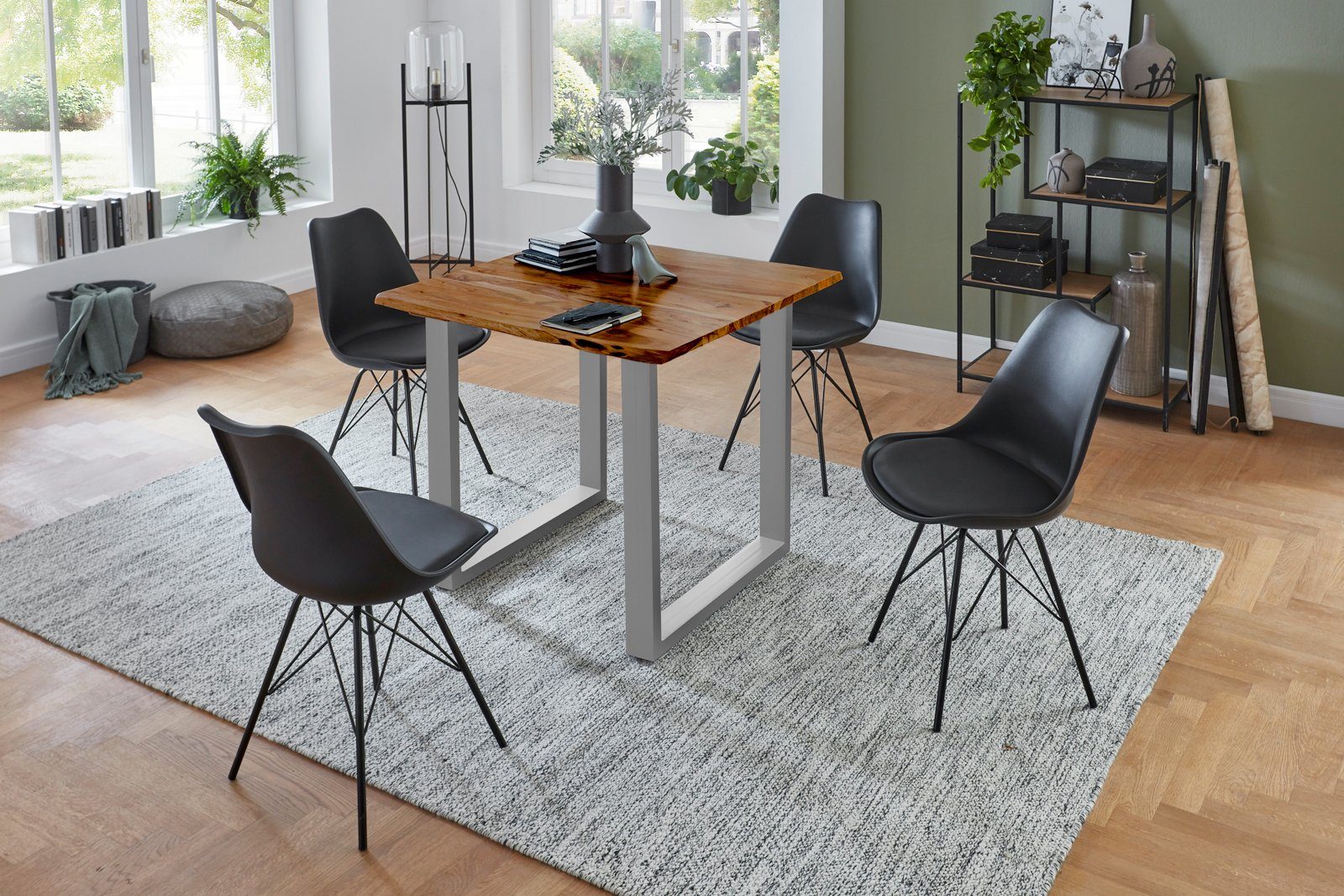 Stühle Metallgestell 4 Akazienholz, Jasmin, naturfarben, SAM® Silberfarben und Baumkante, Essgruppe