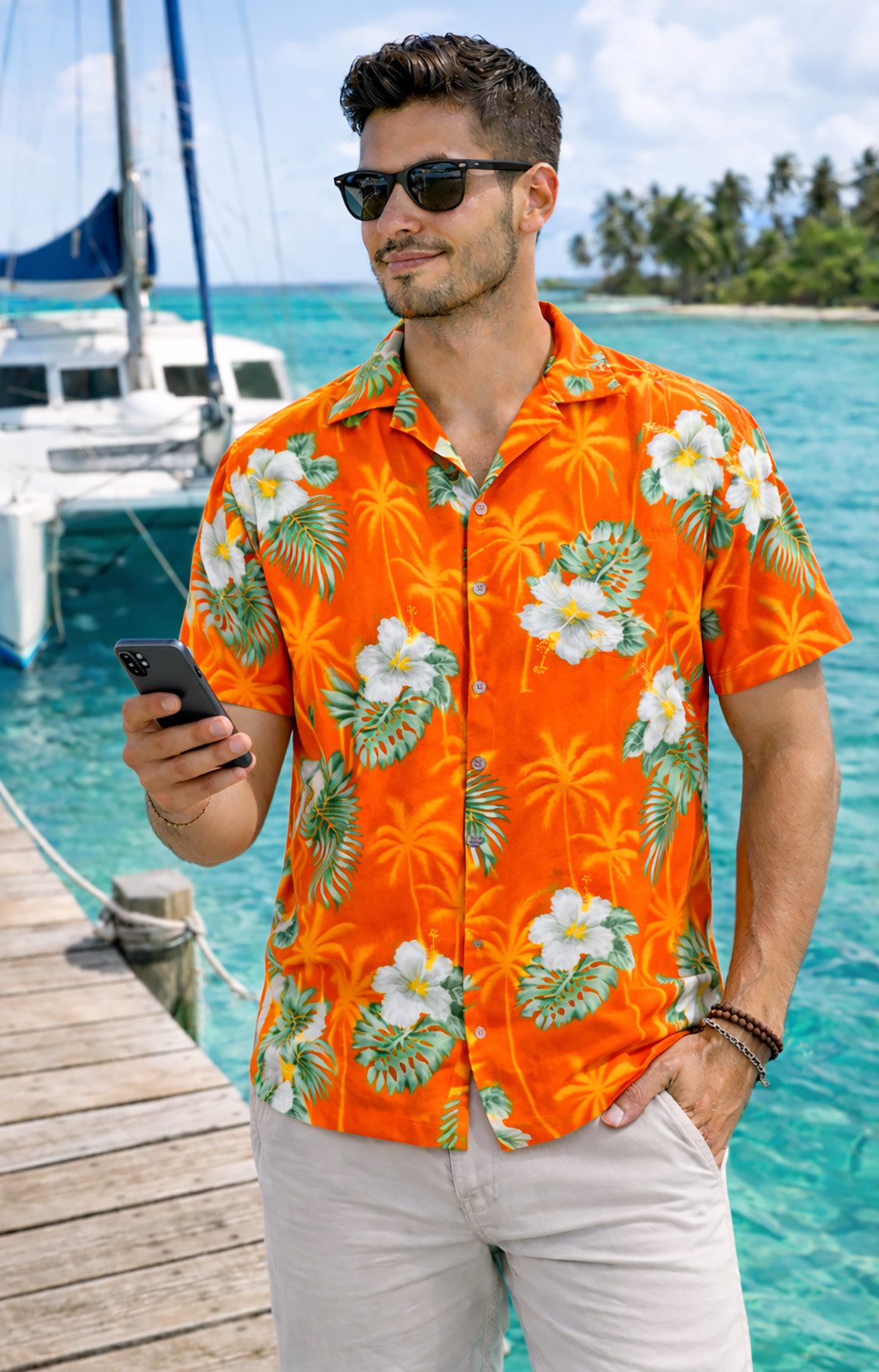 King Kameha Hawaiihemd "Small Flower" Funky Hawaii-Hemd Herren Kurzarm Fronttasche Sommerhemd