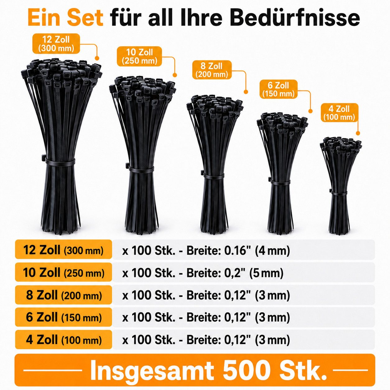 BlingBin Kabelbinder Kabelbinder Set 500 Stück, Sortierte Größen 100/150/200/250/300 mm (500er Set, 500-St., 500tlg) selbstverriegelnde Nylon-Kabelbinder für Haushalt, Werkstatt & Garten