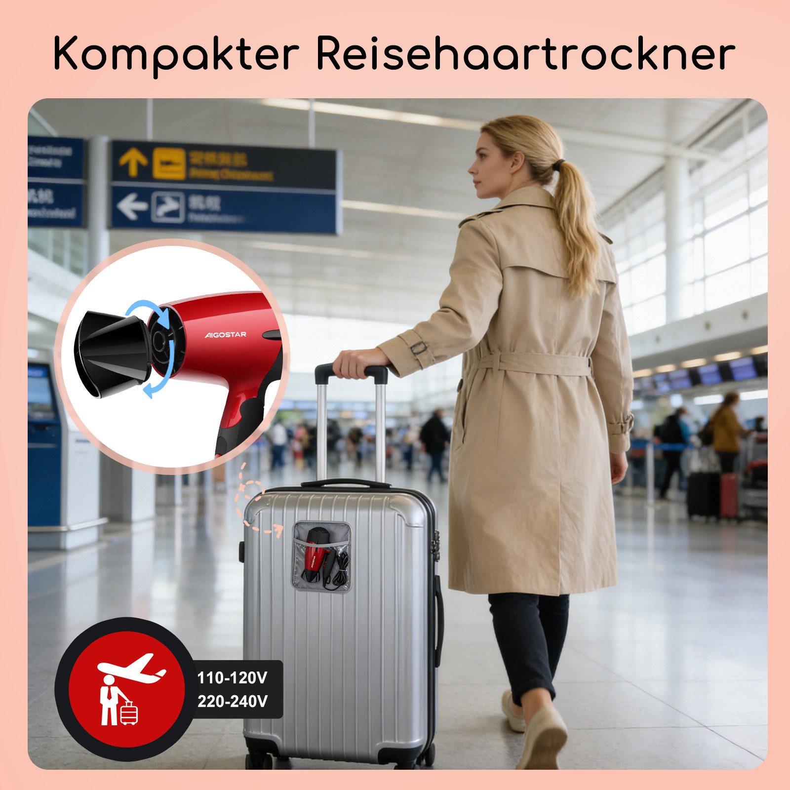 Aigostar Haartrockner Linda - Haartrockner Klein Klappbar, Föhn Mit Stylingdüsen, 1500,00 W, Klappbar, Schnelles Trocknen, 2 Heiz