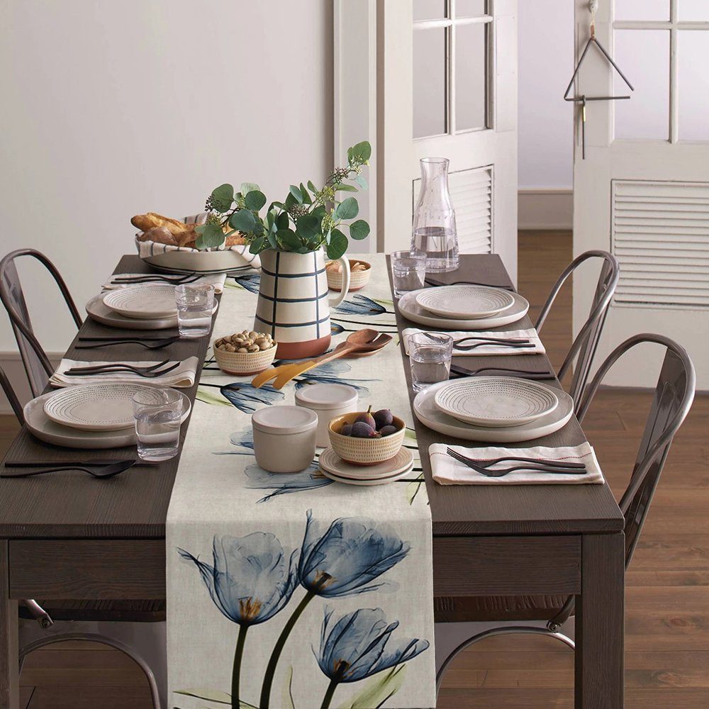 FELIXLEO Tischläufer Tischläufer Blaue Blume 33x180cm Waschbare Leinen Tischdecke Floral (2-tlg)