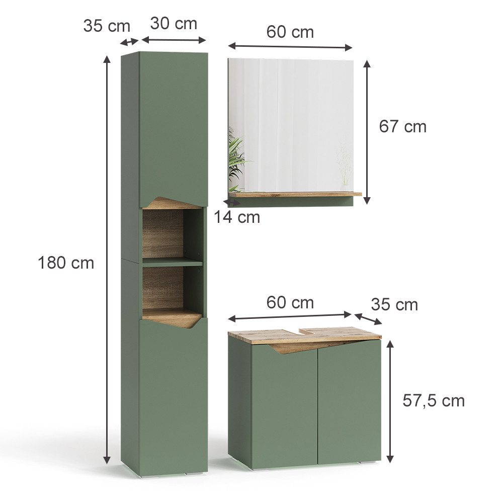 Vicco Badmöbel-Set Marelle, Grün/Artisan, 3 Teile, mit Hochschrank, (3-St., günstig online kaufen