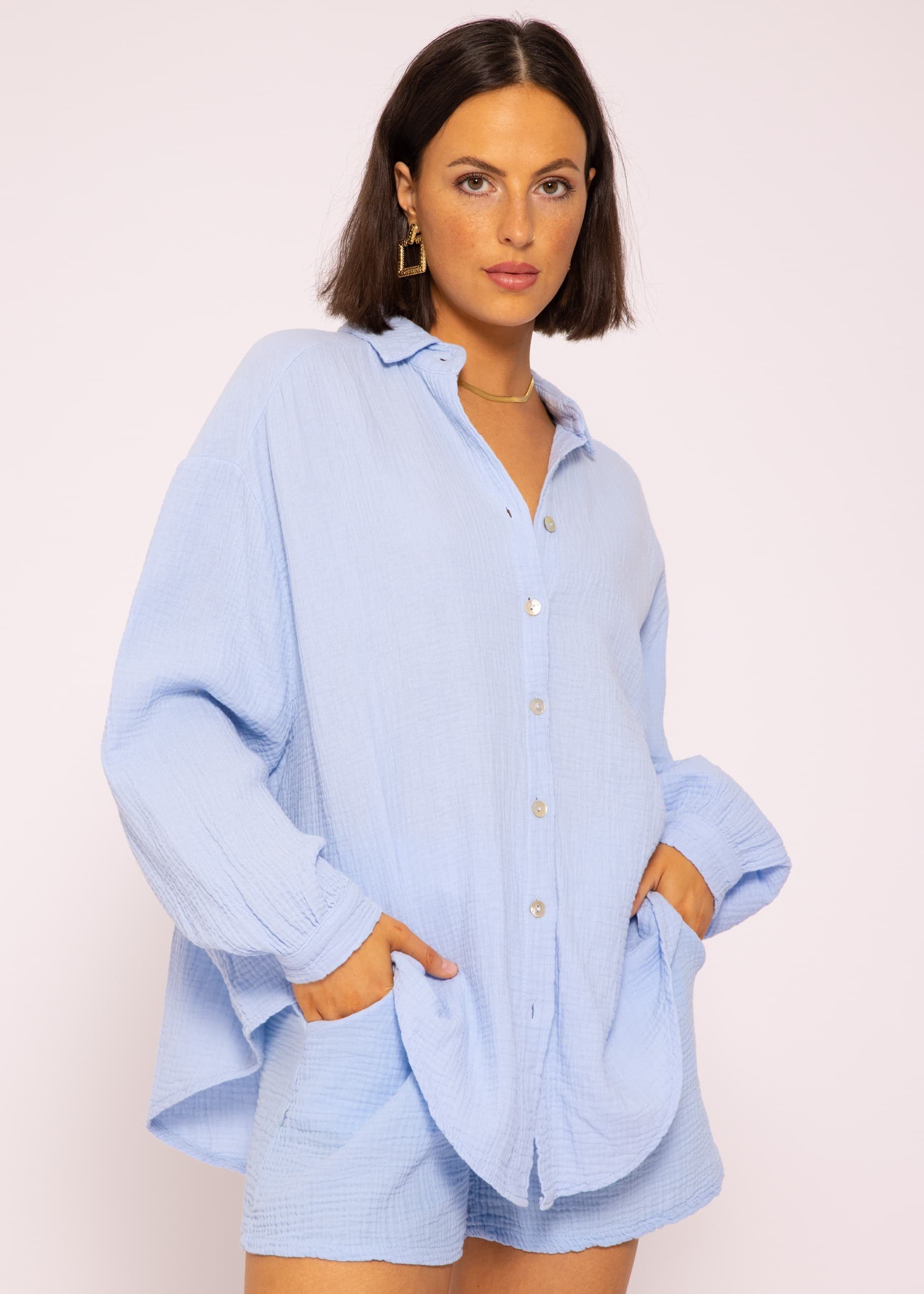 V-Ausschnitt, 36-48) One SASSYCLASSY Oversize mit lang Langarm Hemdbluse (Gr. Musselin Baumwolle aus Hellblau Longbluse Bluse Damen Size