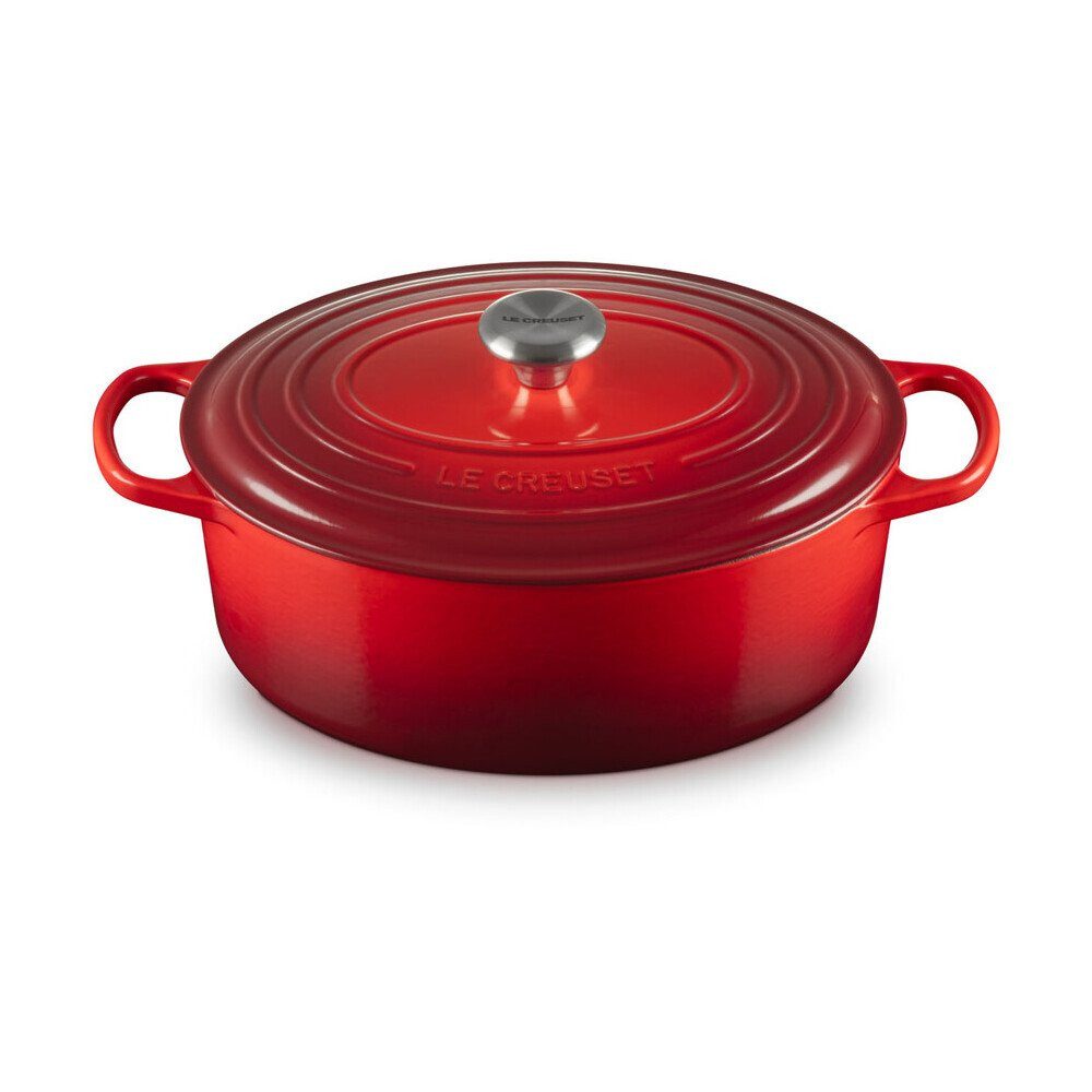 LE CREUSET Bräter Bräter mit Deckel 31 cm Signature Kirschrot, Emailliertes Gusseisen, ovaler Schmortopf, Cocotte, Bratentopf, ca. 6-7 Pers., Ø31cm, rot