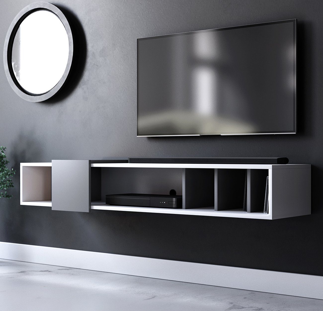 GuenstigEinrichten Lowboard Design-T (Fernseher Unterschrank, hängend), in weiß und grau, Breite 150 cm