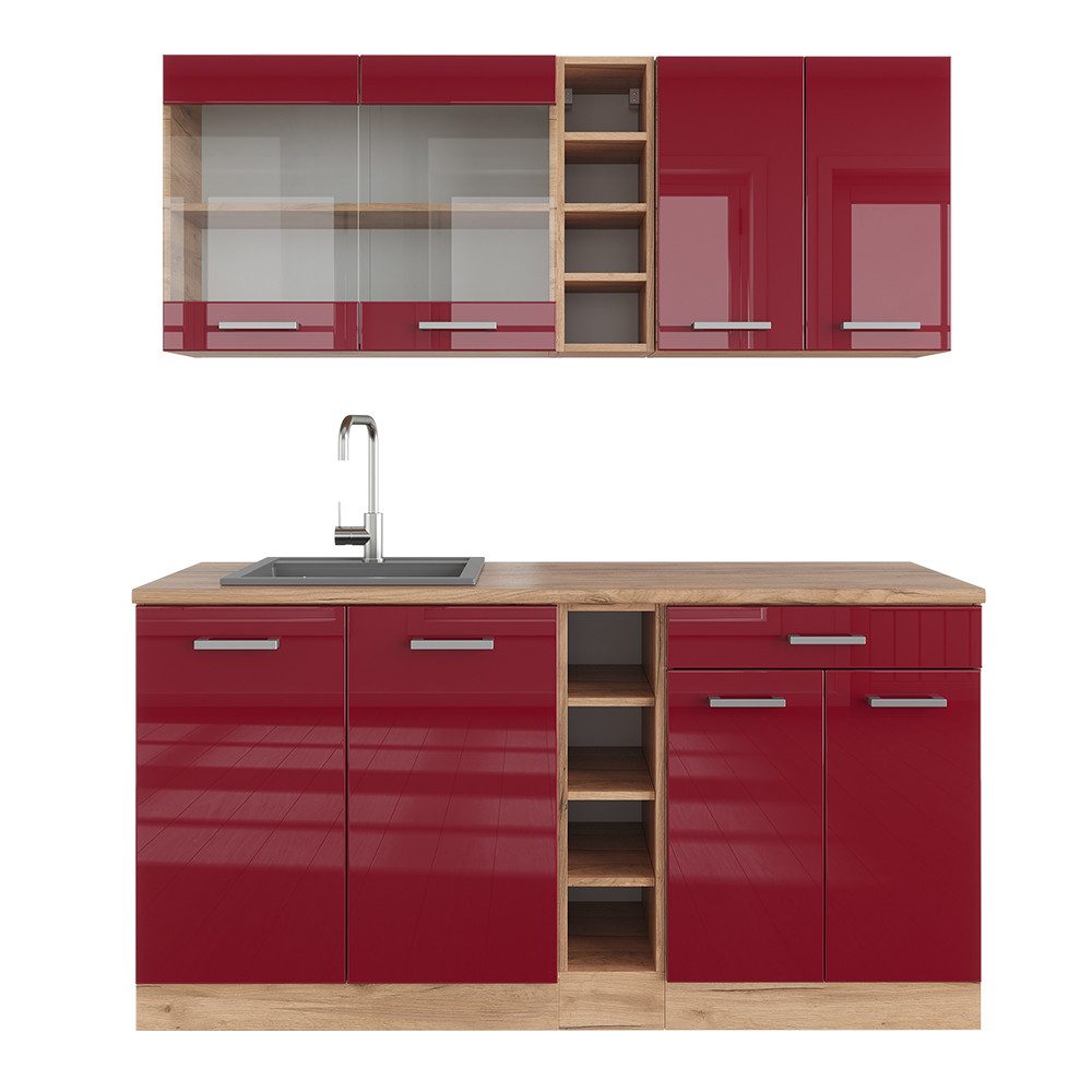 Vicco Küchenzeile R-Line, Bordeaux Hochglanz/Goldkraft Eiche, günstig online kaufen