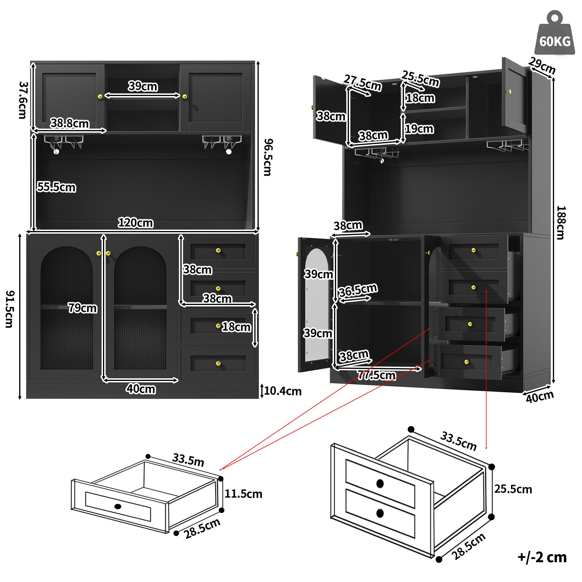 Celya Küchenbuffet Buffetschrank Landhausstil 120x40x188 cm mit LED-Lichtleiste (4 Türen, 3 Schubladen, Eingebaute Kippsicherung)