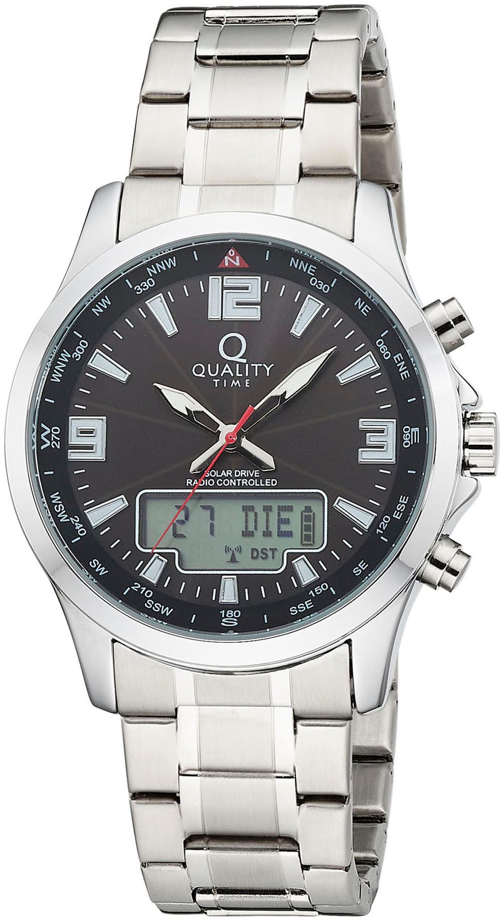 QUALITY TIME Funk-Multifunktionsuhr QGA-11615-22M, Armbanduhr, Solar, Herrenuhr, Edelstahlarmband, analog, digital