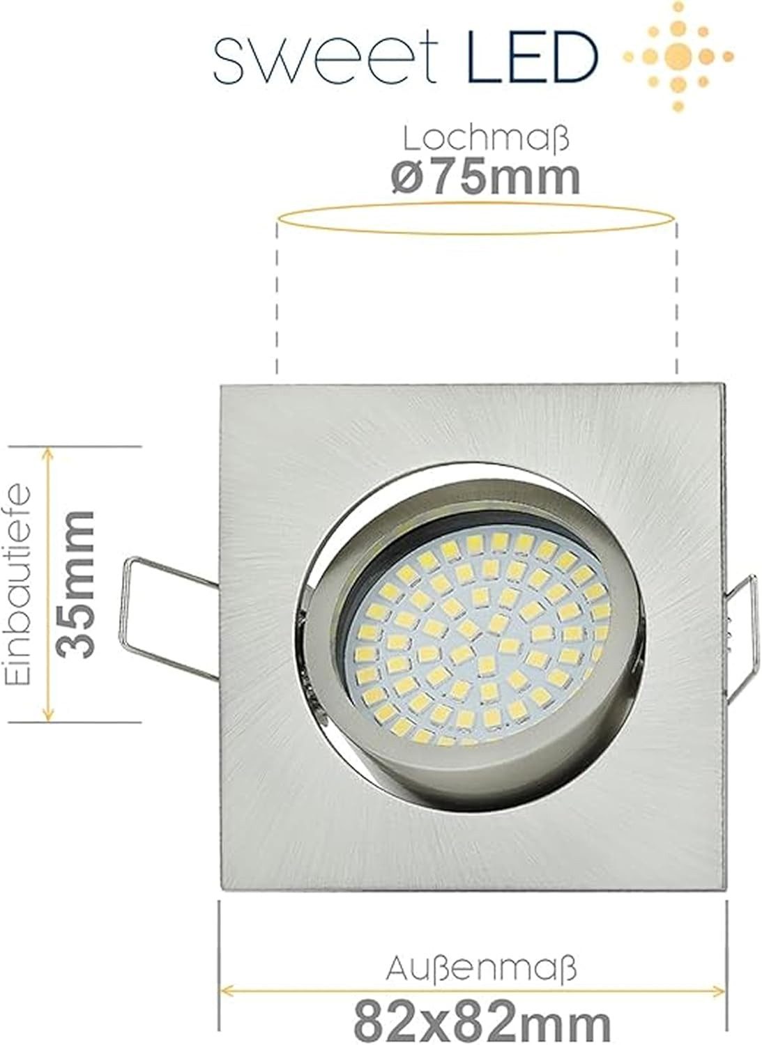 Sweet LED LED Einbaustrahler 6er SET 5W 6500K LED Deckenspots 230V dimmbar eckig schwenkbar Chrom, Kaltweiß, 6500K, Deckenspots, 82x82 mm, Einbauleuchten