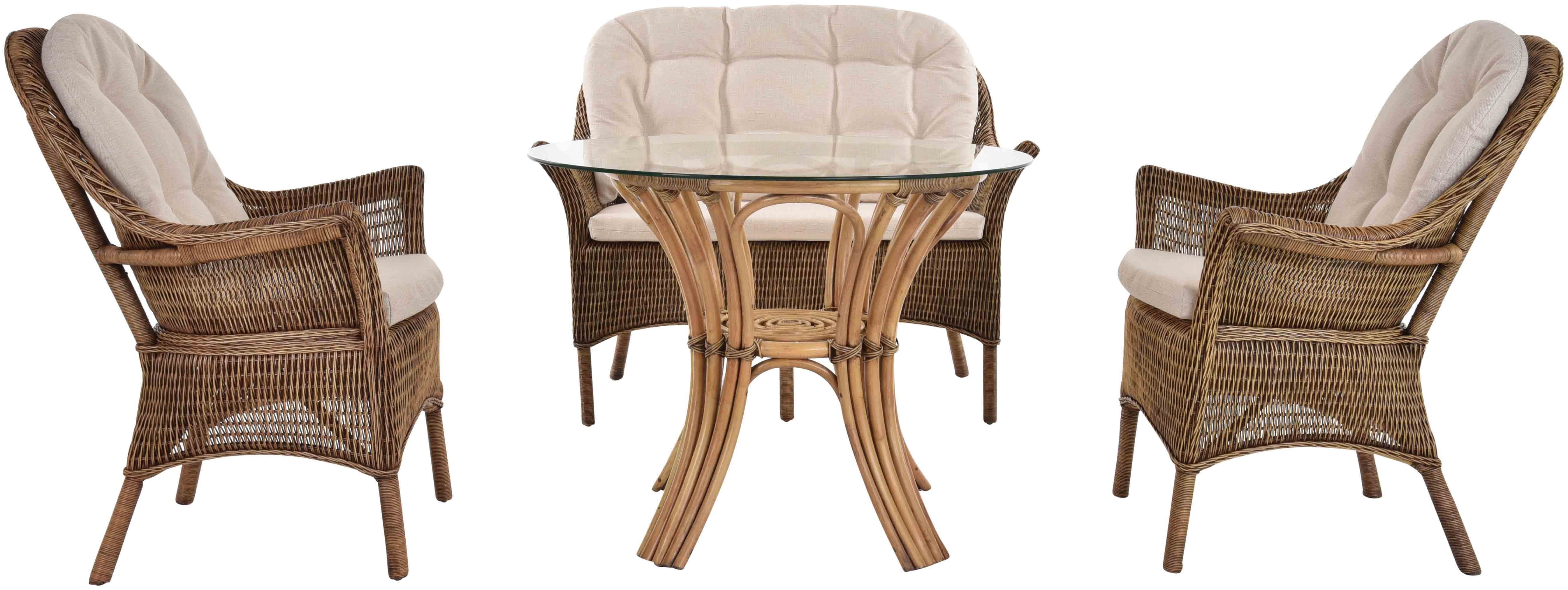 Krines Home Sitzgruppe Set/4 Wintergarten Rattanset Kingdom Garnitur 4-tlg (Vintage Braun), (4-tlg., 2x Sessel, 1x Zweisitzer, 1x Tisch), Wintergartengruppe, Mit einer Ablage unter der Tischplatte aus Glas