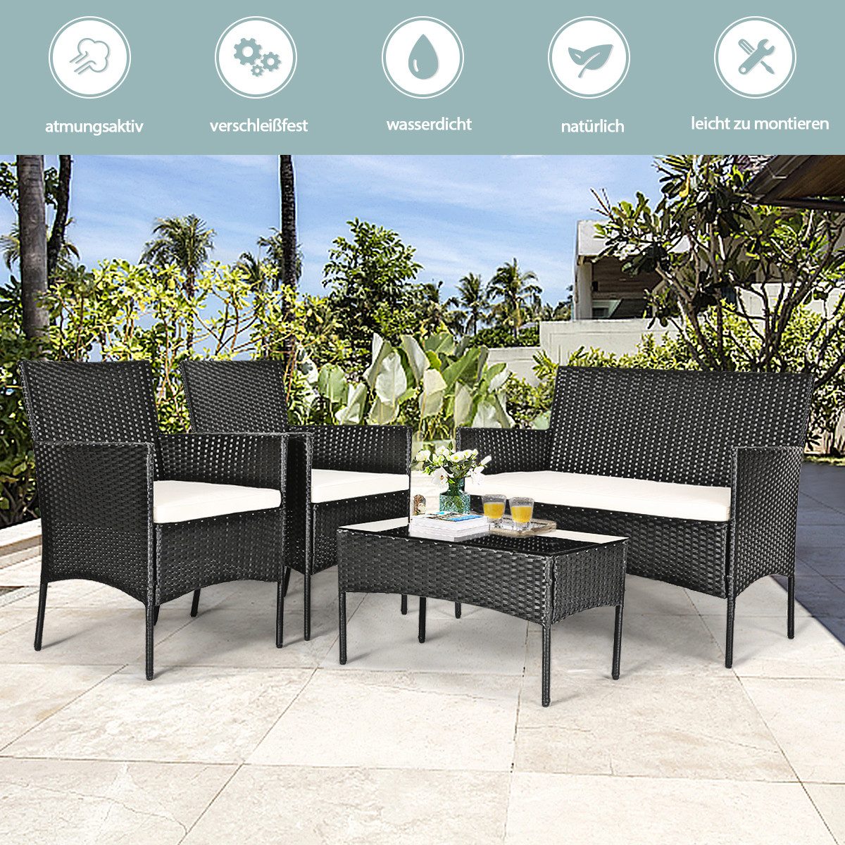 4-teilige Terrassenmöbel-Abdeckung – Wasserdicht & Windfest Für Rattan-Sofas, Stühle & Tisch, 420D Oxford, Schwarz