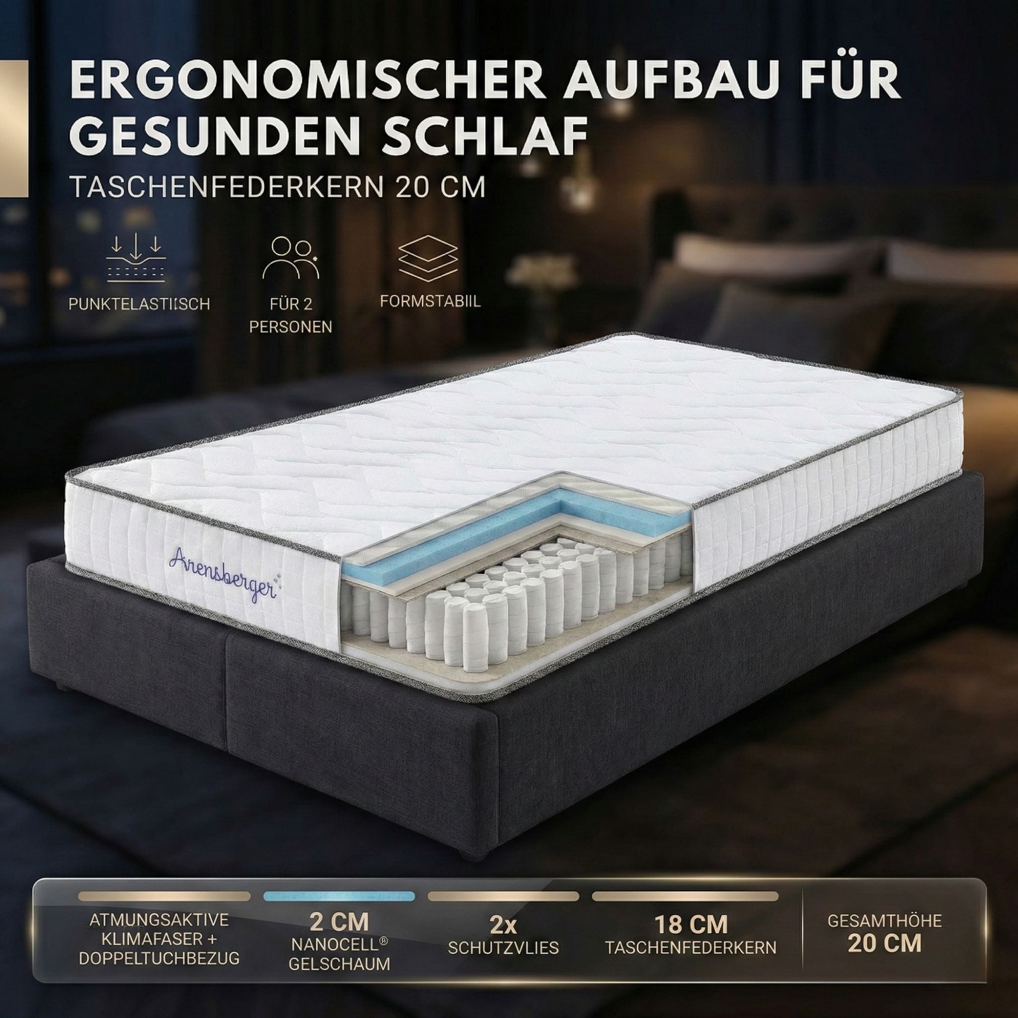 Taschenfederkernmatratze JANA 7 Zonen Matratze, H3 mittelfest, Gelschaum, Federkern, Arensberger, 20 cm hoch, (80 x 200 cm, 80x200cm), Rollmatratze, 20 cm hoch, atmungsaktiv, 90x200 140x200 & mehr