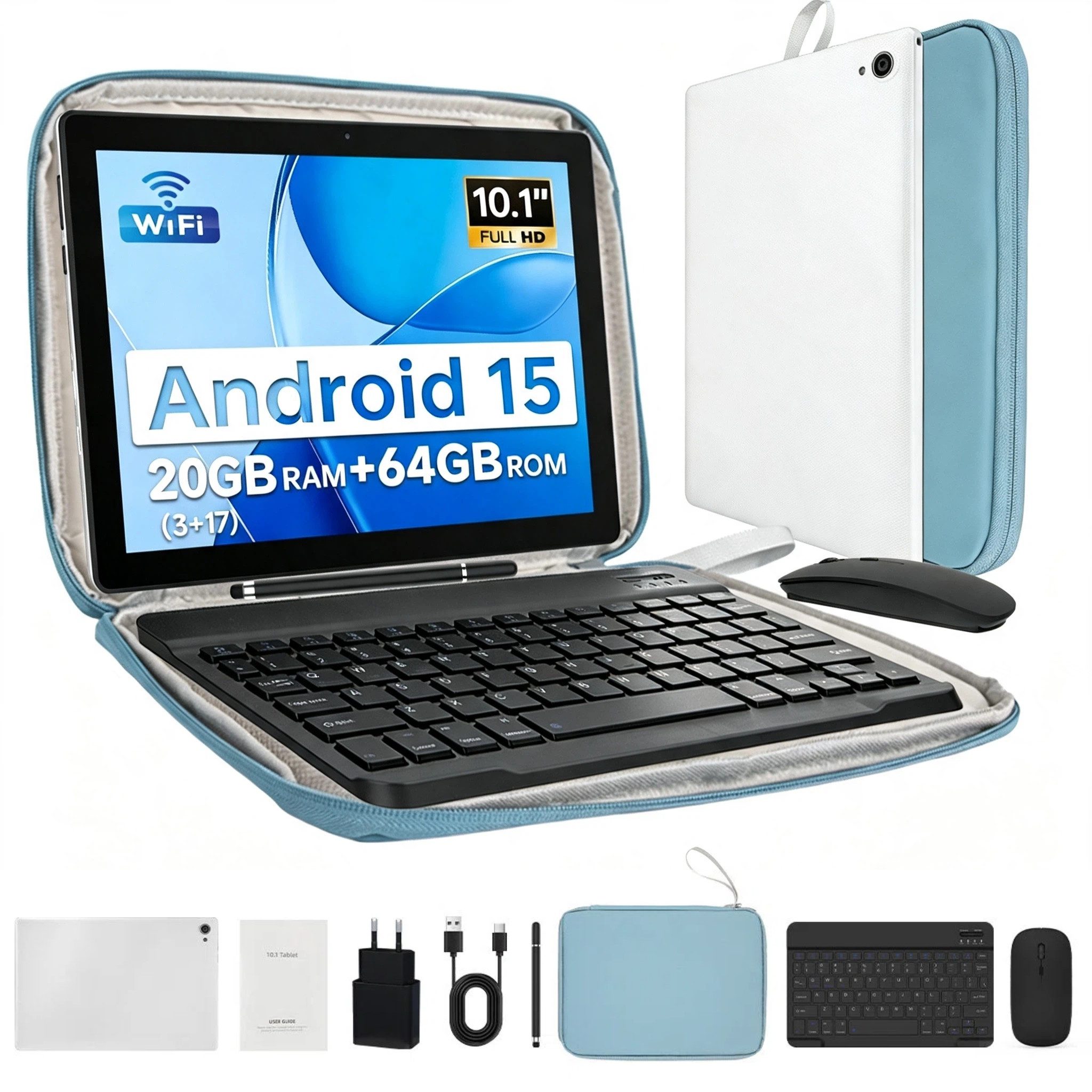 BUFO 10 Zoll 1280x800 HD 5000mAh WiFi 6 mit Tastatur, Maus und Stylus Tablet (10.1", 64 GB, Android 15, 5G WiFi, 20(3+17)GB RAM, Octa-Core Prozessor)