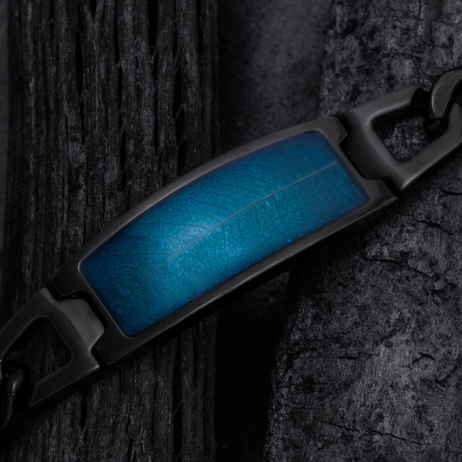 Holzkern Gliederarmband HerrenEdelstahl Modulus Blatt Blau/Schwarz