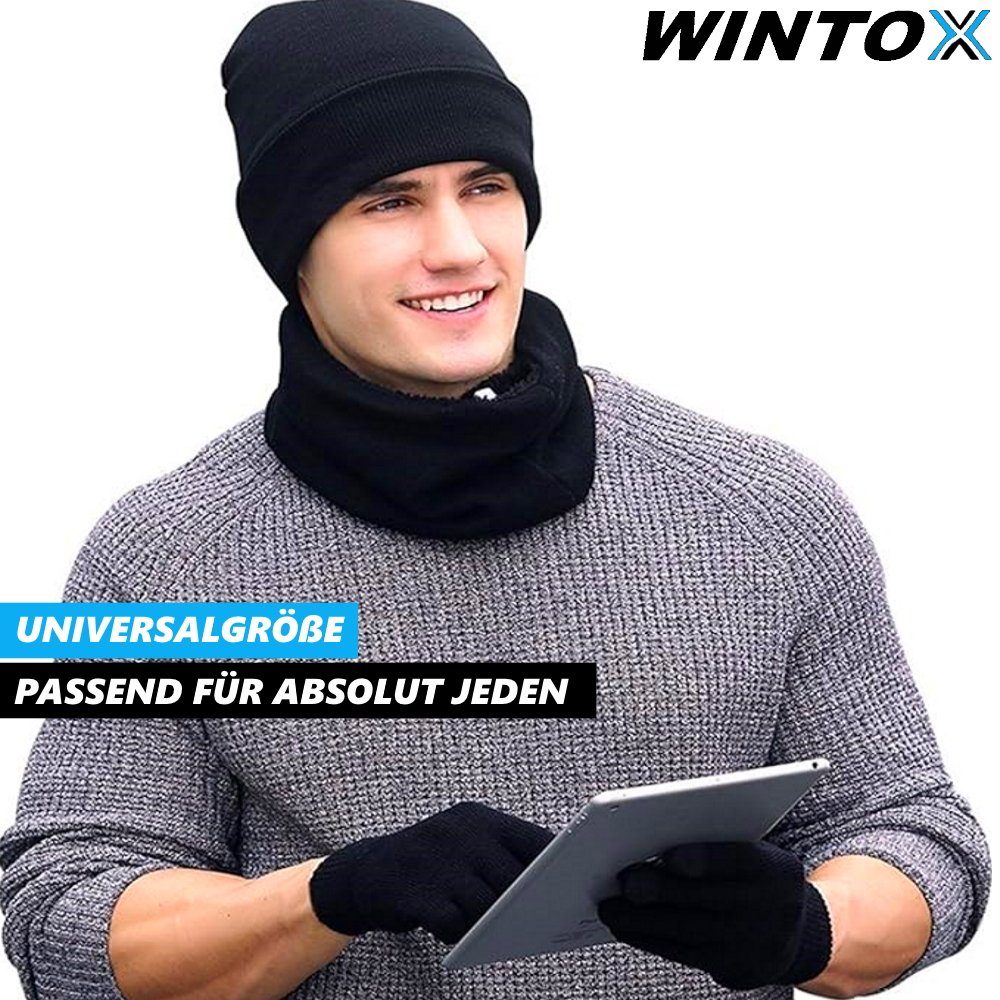 MAVURA Mütze & Schal Wintermütze, bestehend WINTOX schwarz aus & Damen Unisex für & Herren Winter Schlauchschal Set Handschuhe