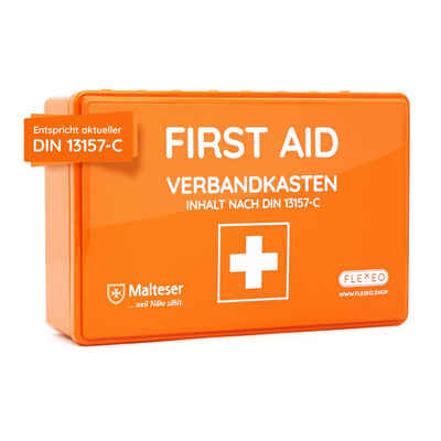 FLEXEO Erste-Hilfe-Koffer DIN 13157, (1 St), Betriebsverbandkasten inkl. Wandhalterung, orange
