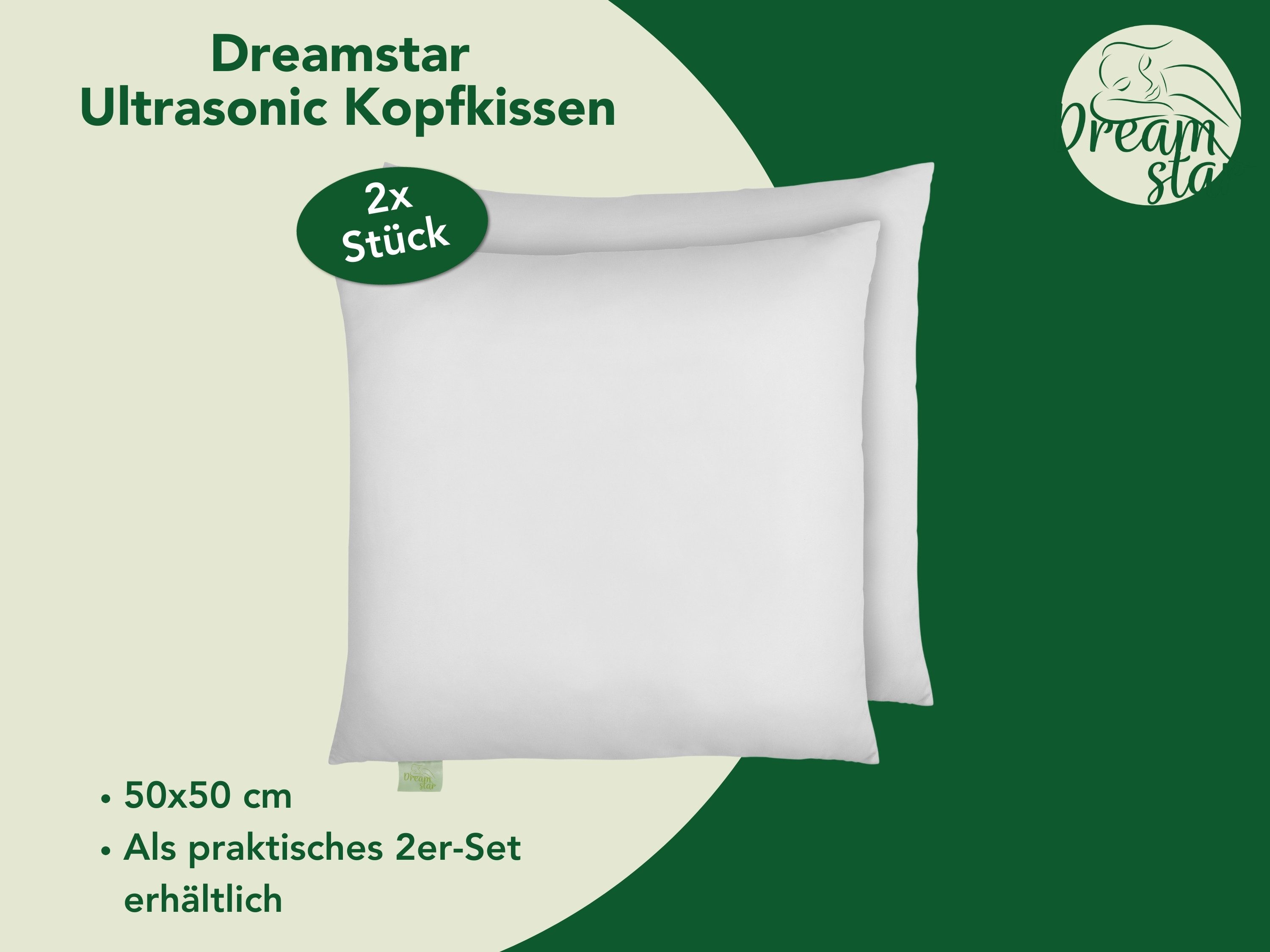 Dreamstar Microfaserkissen Eco, Kopfkissen in verschiedenen Größen - entwickelt in Deutschland, Füllung: Faserfüllung, Bezug: angenehm weiche Microfaser, Seitenschläfer, Rückenschläfer, Bauchschläfer, Set, 2-tlg., waschbar & allergikergeeignet, Kissen 50x50 cm