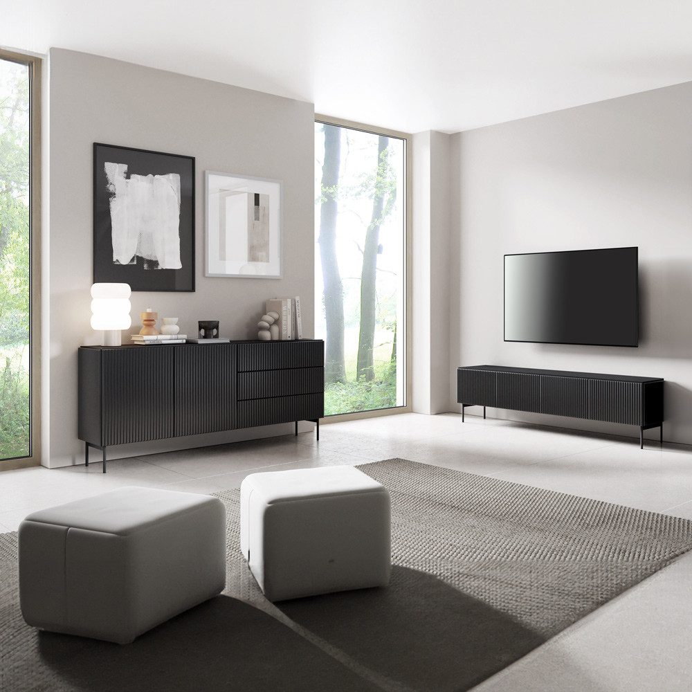 Lomadox Wohnwand MASSA-167, (2-St., Sideboard Lowboard), 373 cm, schwarz, modern, grifflos, Rillen