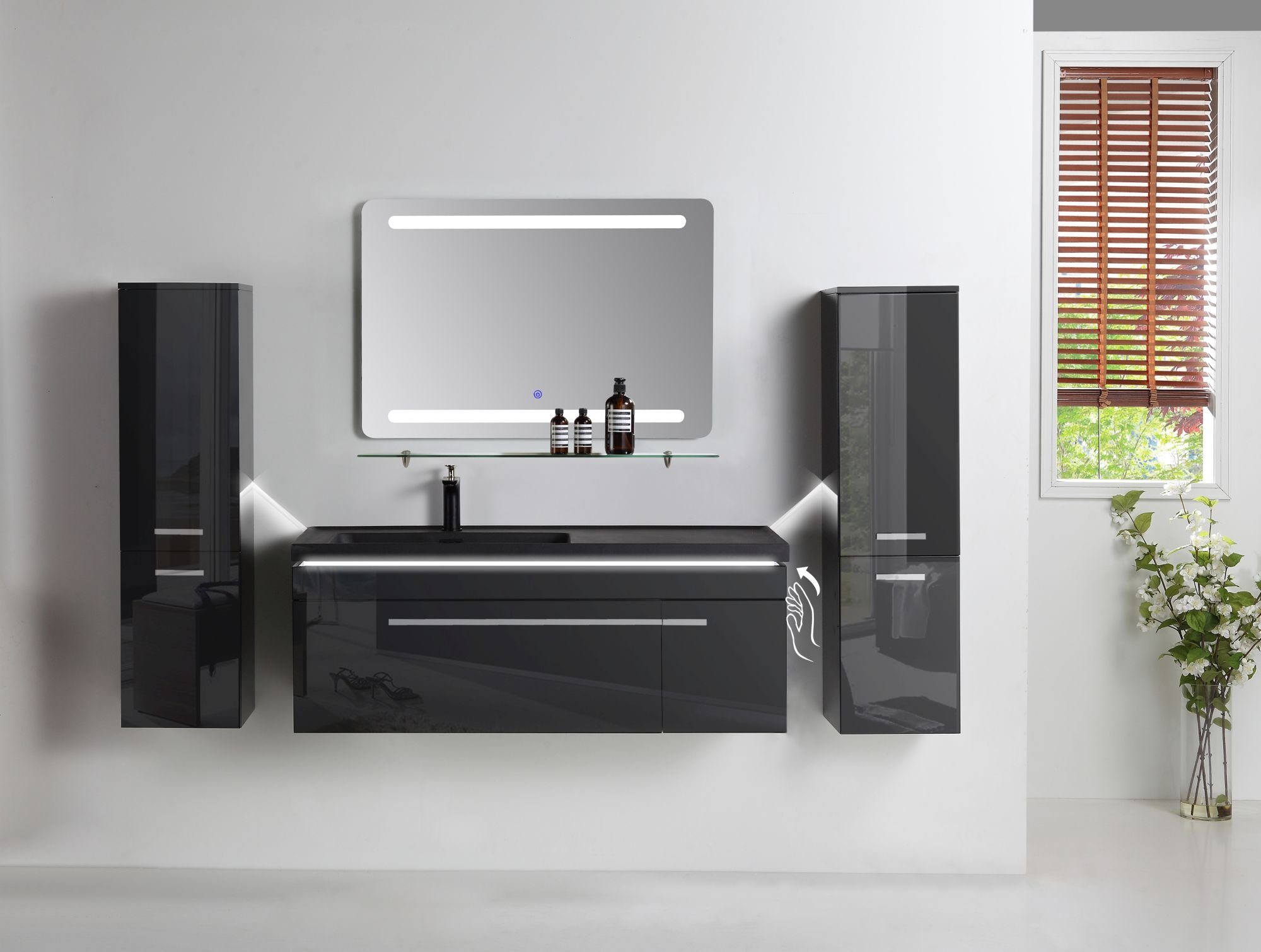 Faizee Möbel Badmöbel-Set 120cm, LED-Spiegel badmöbel (Komplett-Set, badmöbel Set komplett set 120cm komplett Schwarz set, Waschbecken 5TLG Granit- 5-St)
