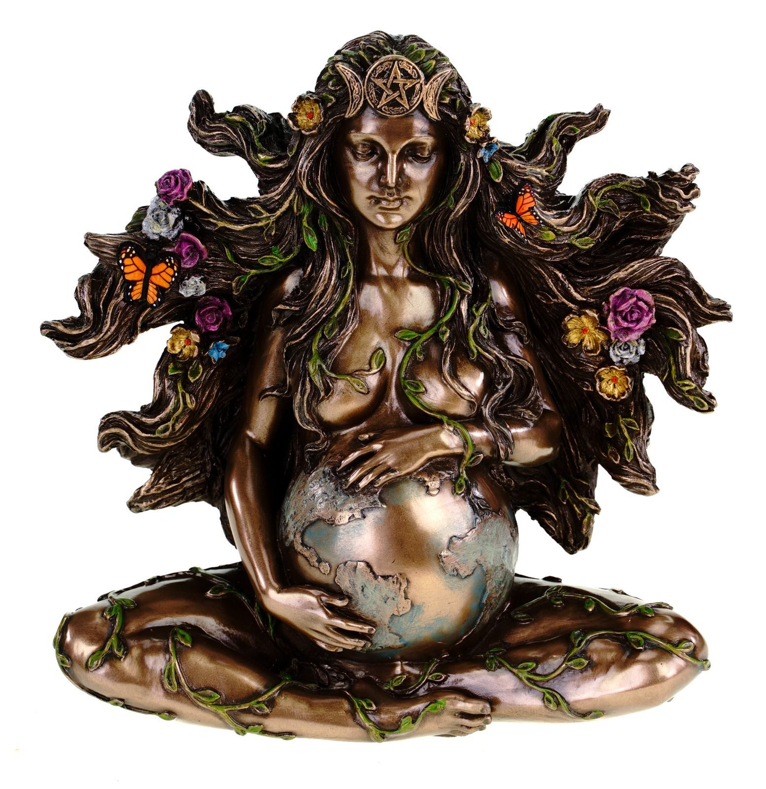 Dekofigur Gaia Erdmutter mit Blumen und Schmetterlingen bronziert by Veronese