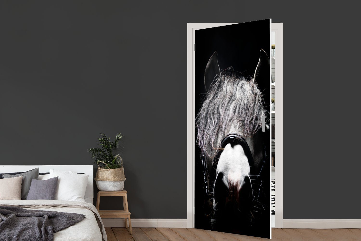 MuchoWow Türtapete Pferd St), - Schwarz - - Matt, Türaufkleber, (1 Tür, Weiß, Porträt Fototapete 75x205 bedruckt, für cm