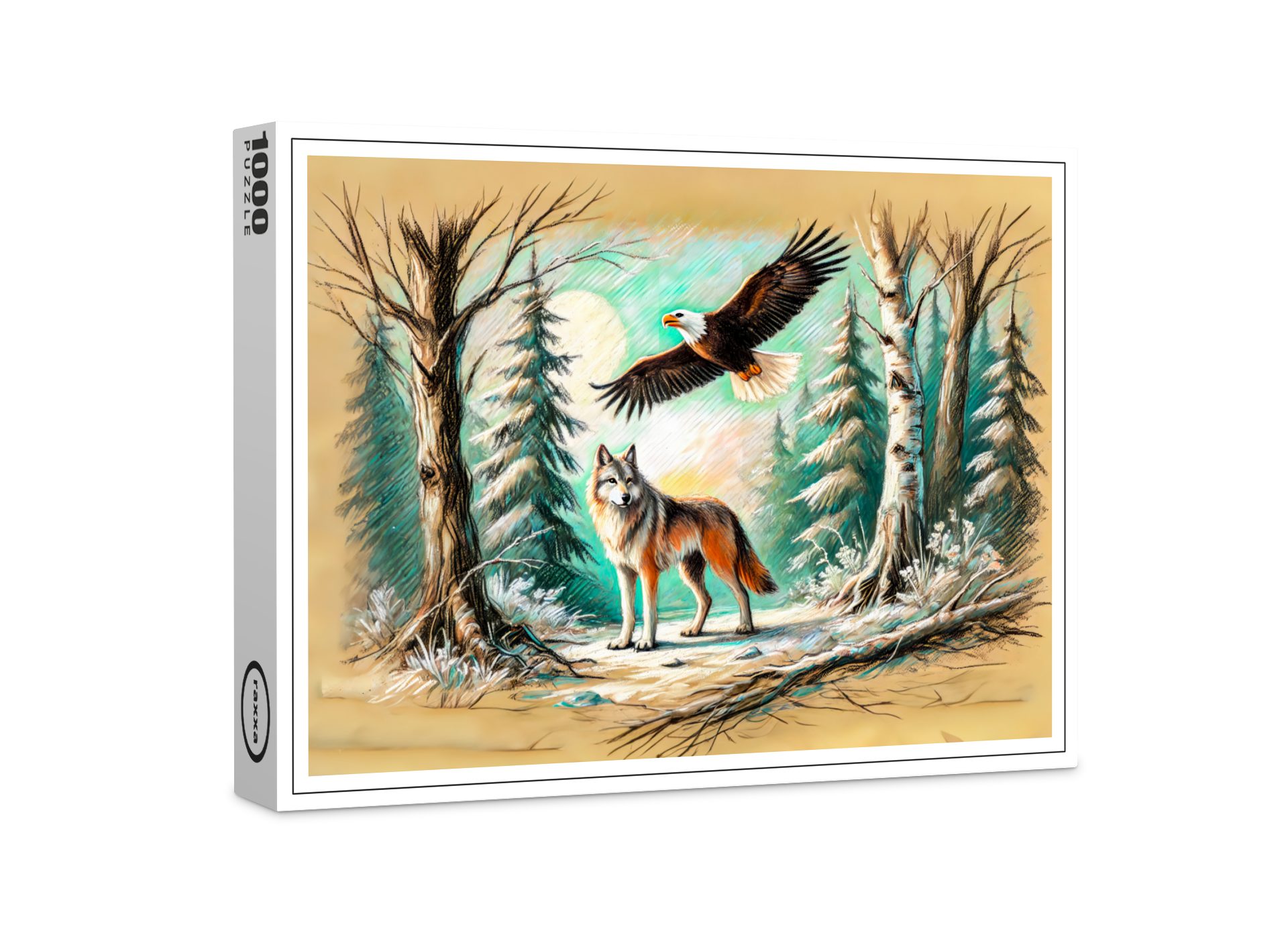 raxxa Puzzle "Eagle and Wolf in the Forest Pastel Chalk Drawing", FSC®, 1000 Puzzleteile