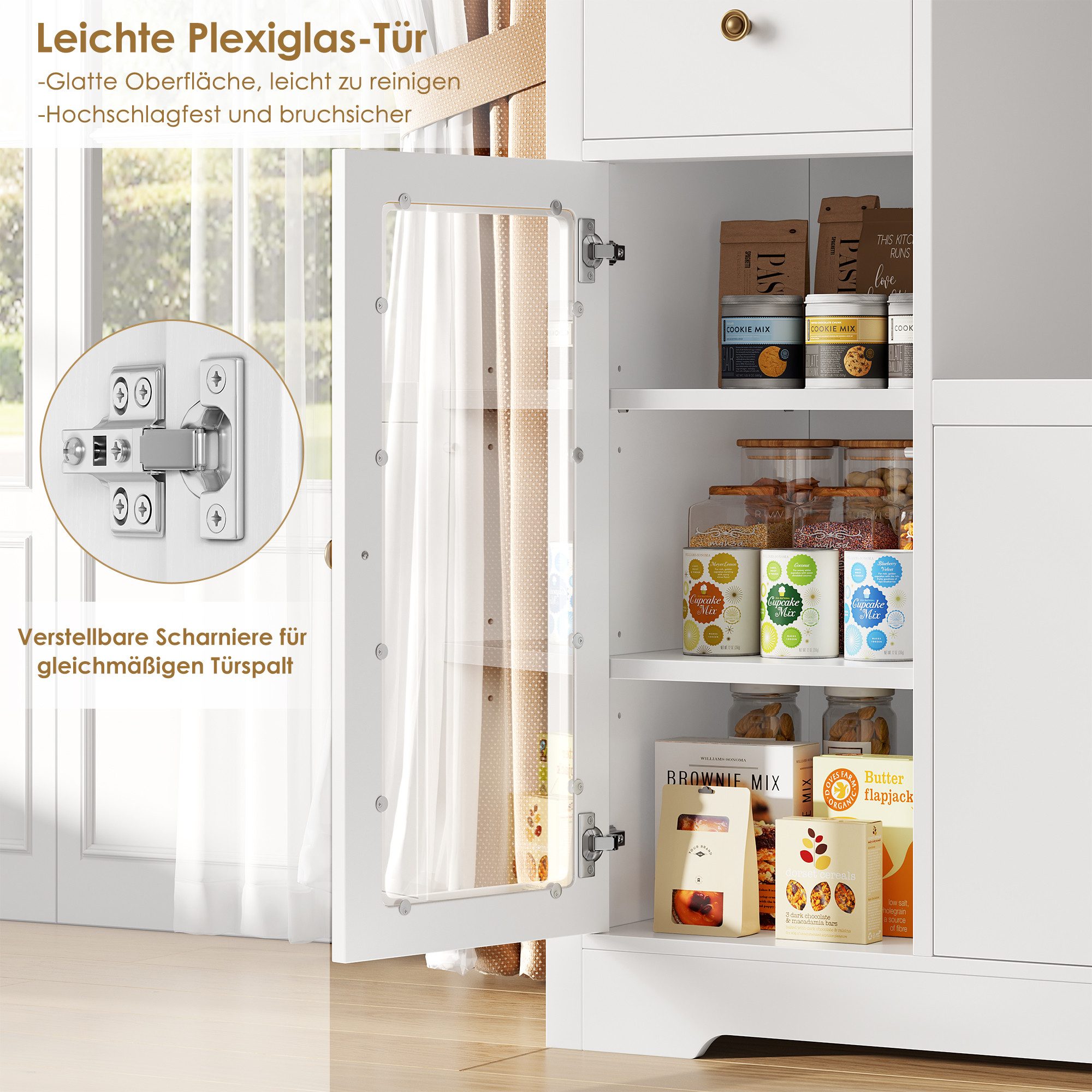 HOMECHO Buffet Küchenschrank weiß Mikrowellenregal mit Schubladen Ablagen – Bild 4 von 5
