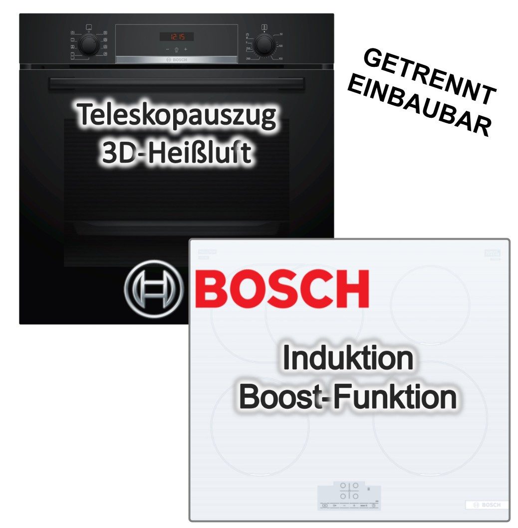 BOSCH Backofen-Set Einbaubackofen Hydrolyse Teleskopauszug + Induktionskochfeld Booster, mit 1-fach Teilauszug, Hydrolyse EcoClean Direct